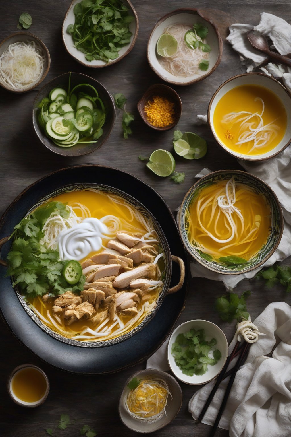 A high-resolution photo of turmeric chicken pho with golden broth and yogurt dollop under soft lighting.