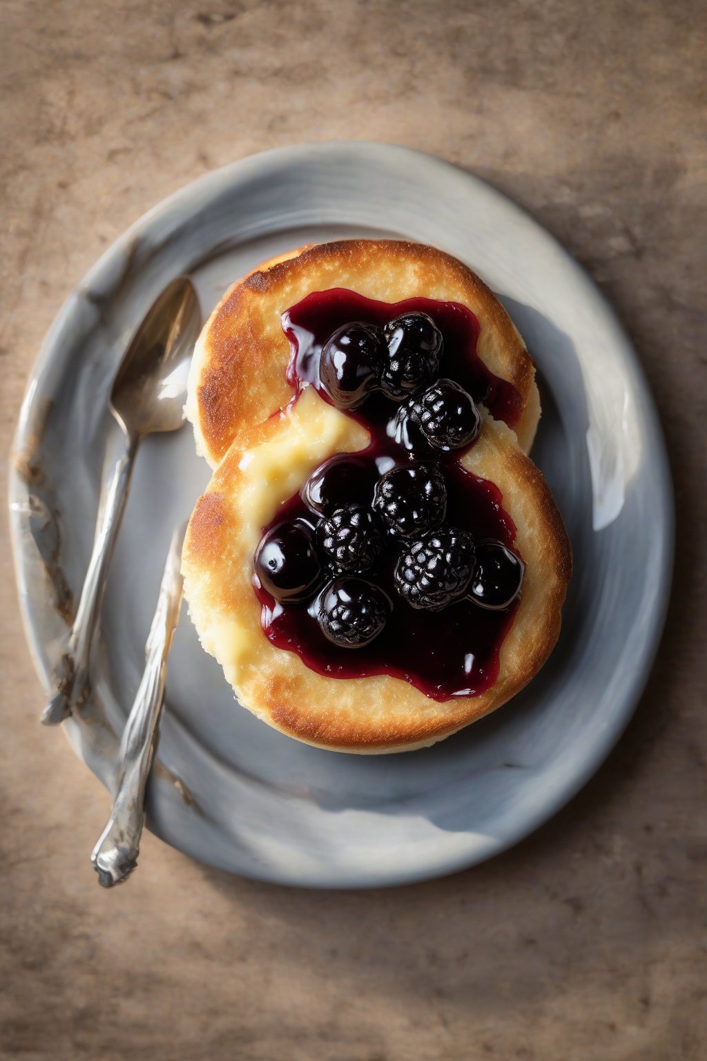 A high-resolution photo of a toasted craggy English muffin topped with melting butter and glossy blackberry jam under soft lighting.
