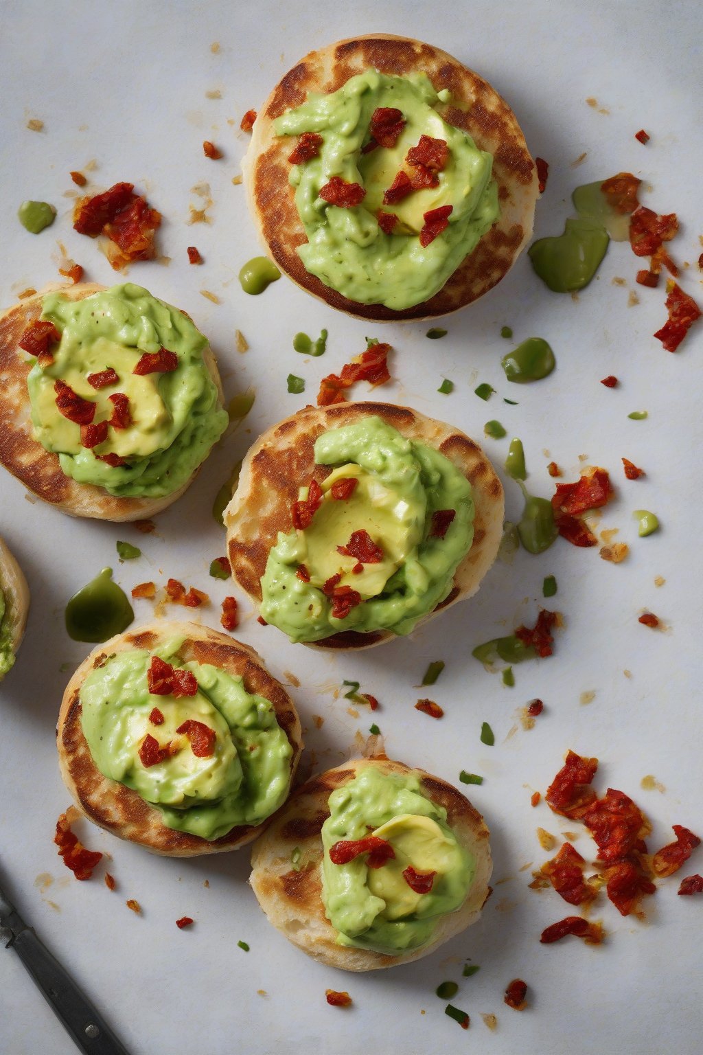 A high-resolution photo of a craggy toasted English muffin smothered in green avocado smash with red chili flakes under soft lighting.