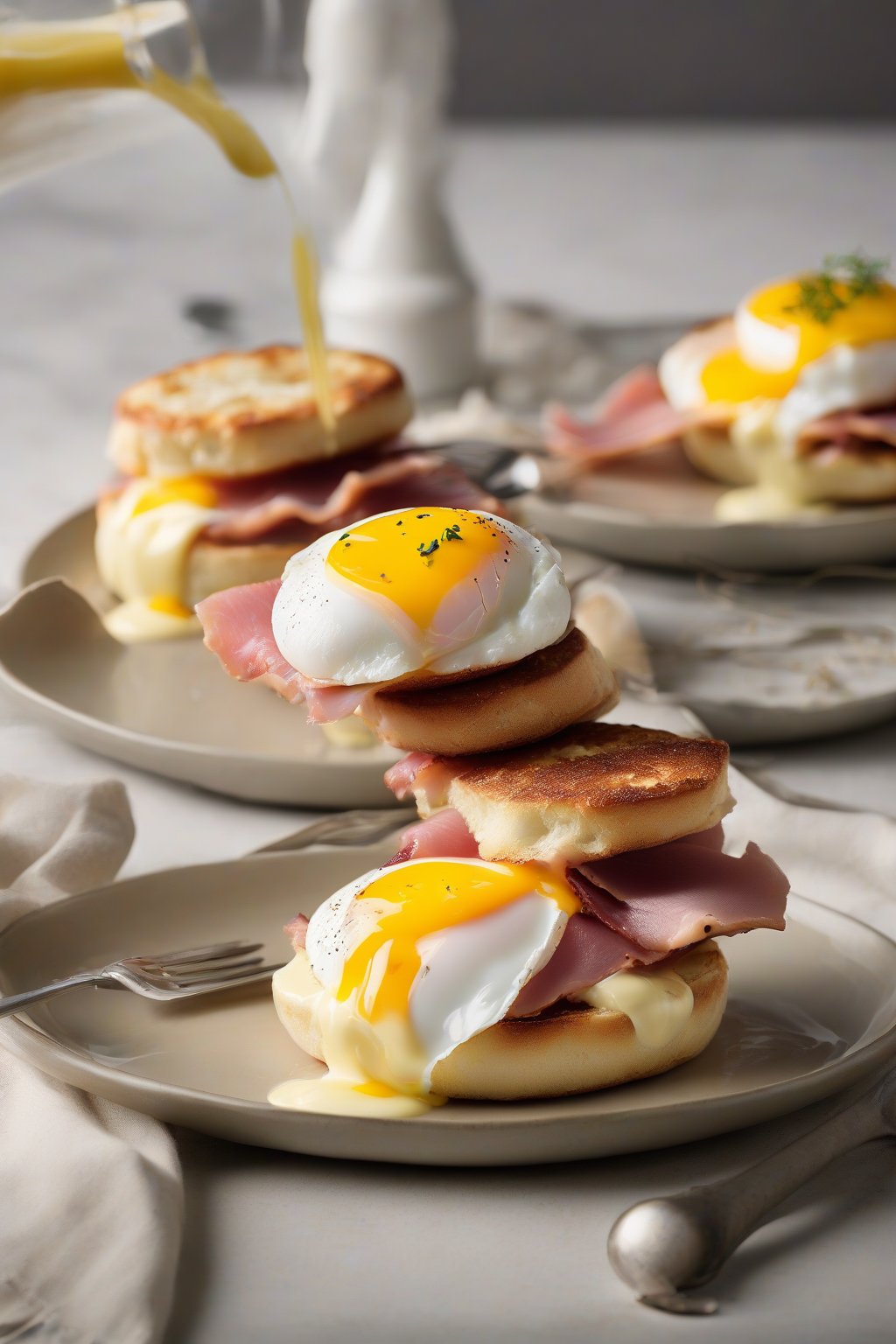 A high-resolution photo of a toasted craggy English muffin topped with poached egg, ham, and hollandaise under soft lighting.