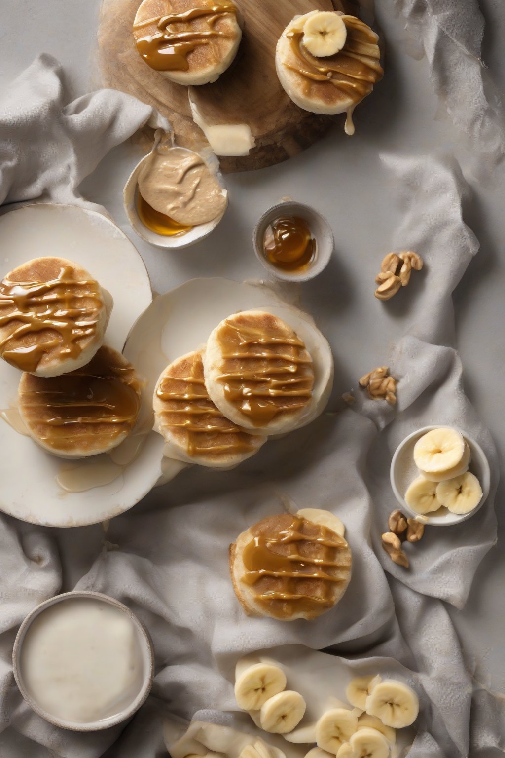 A high-resolution photo of a craggy English muffin with peanut butter, banana slices, and honey drizzle under soft lighting.