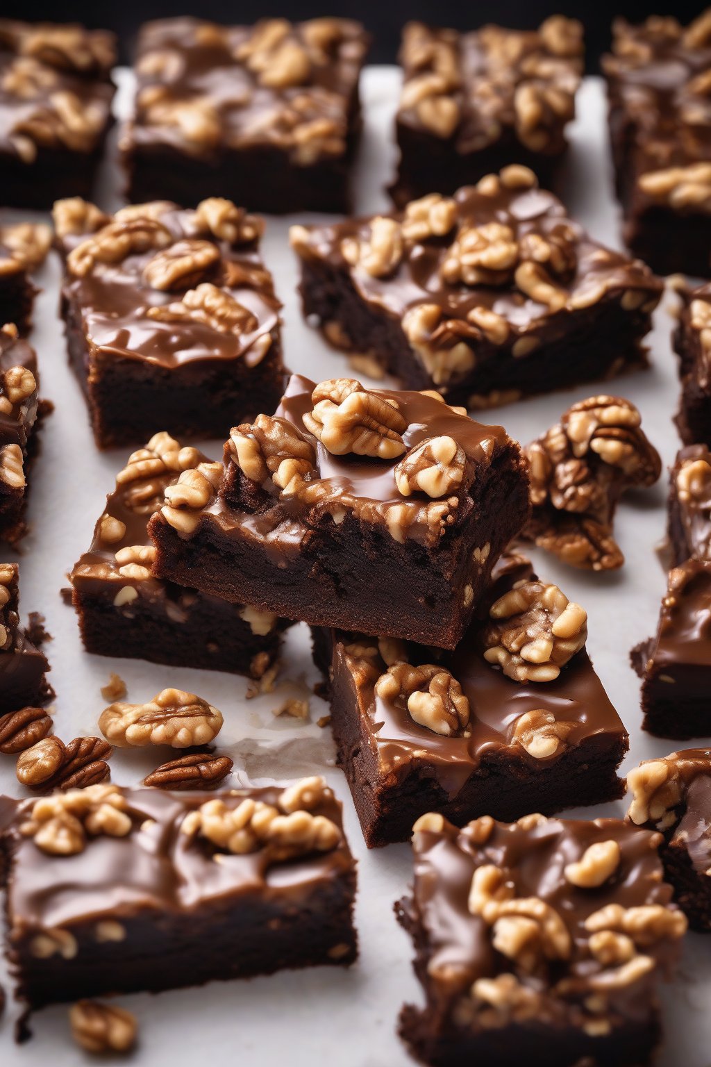 A high-resolution photo of Walnut Fudge Crunch Brownies, chunky walnuts protruding from dense, shiny fudge surface under soft lighting.