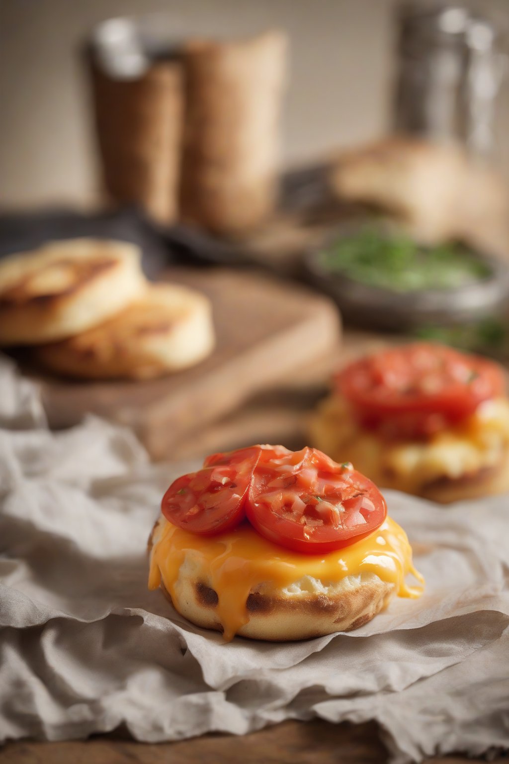 A high-resolution photo of a melted cheddar and tomato-topped craggy English muffin under soft lighting.