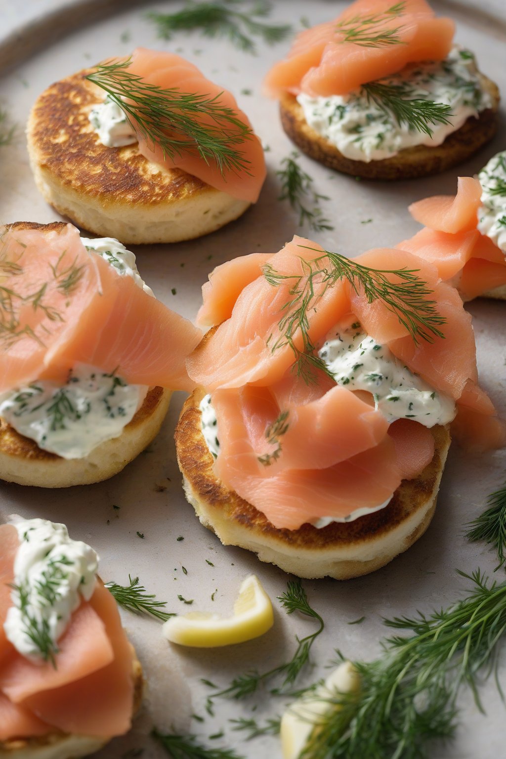 A high-resolution photo of a craggy toasted English muffin with cream cheese, smoked salmon, and dill under soft lighting.