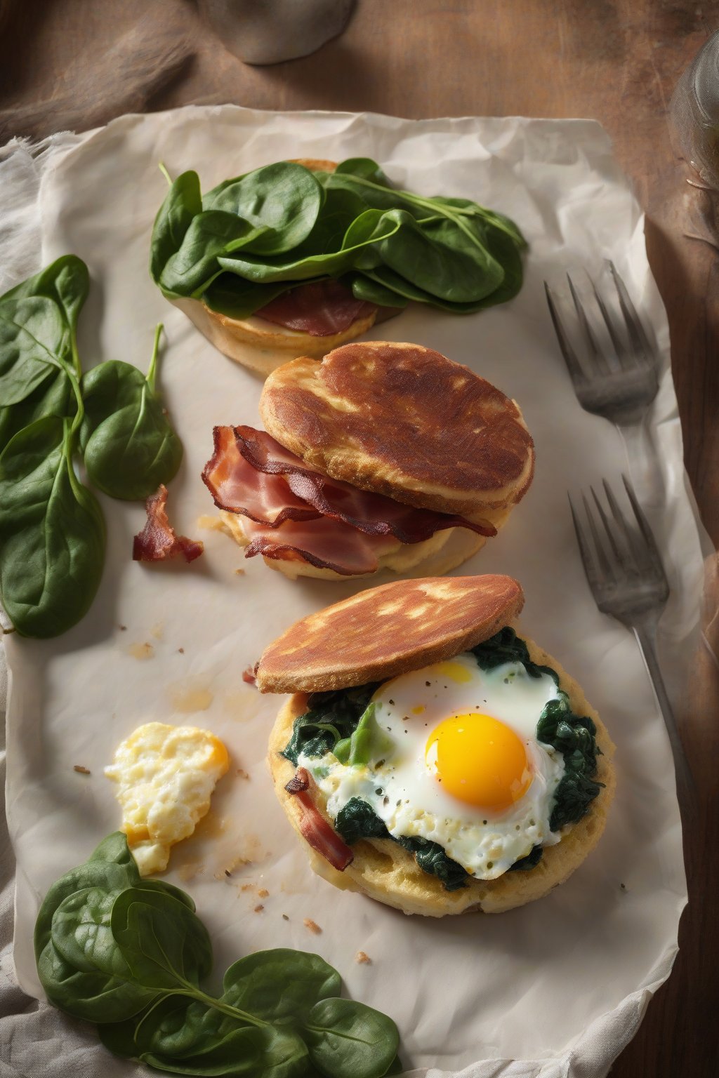 A high-resolution photo of a bacon, egg, and spinach craggy English muffin under soft lighting.