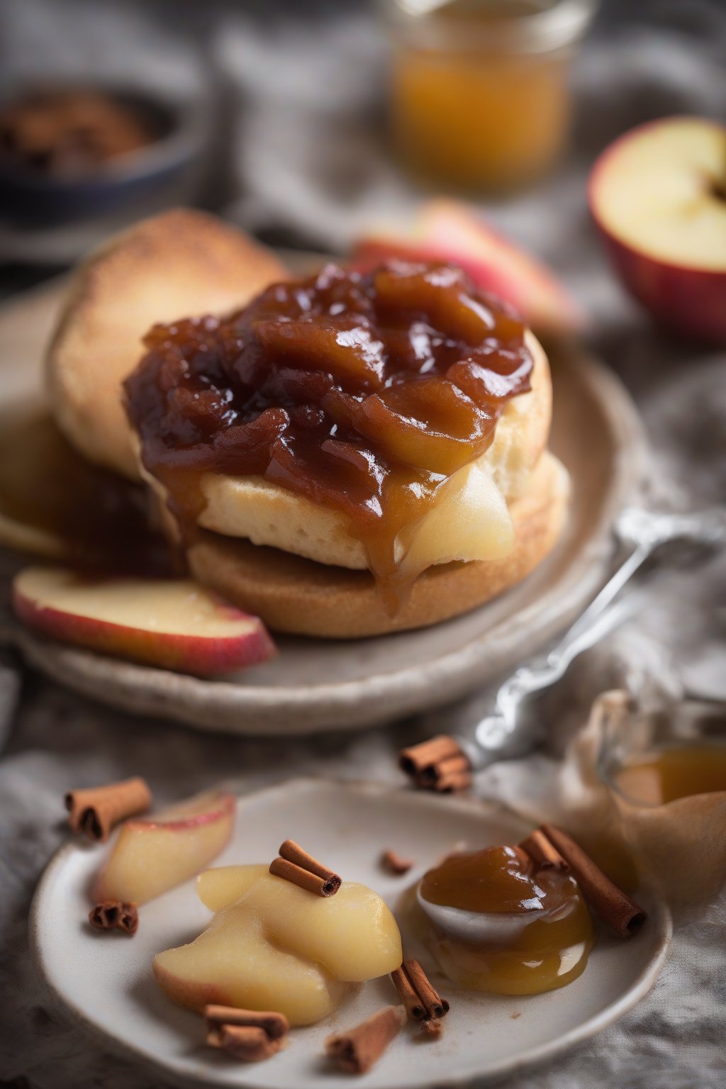 A high-resolution photo of cinnamon apple compote on a craggy toasted English muffin under soft lighting.
