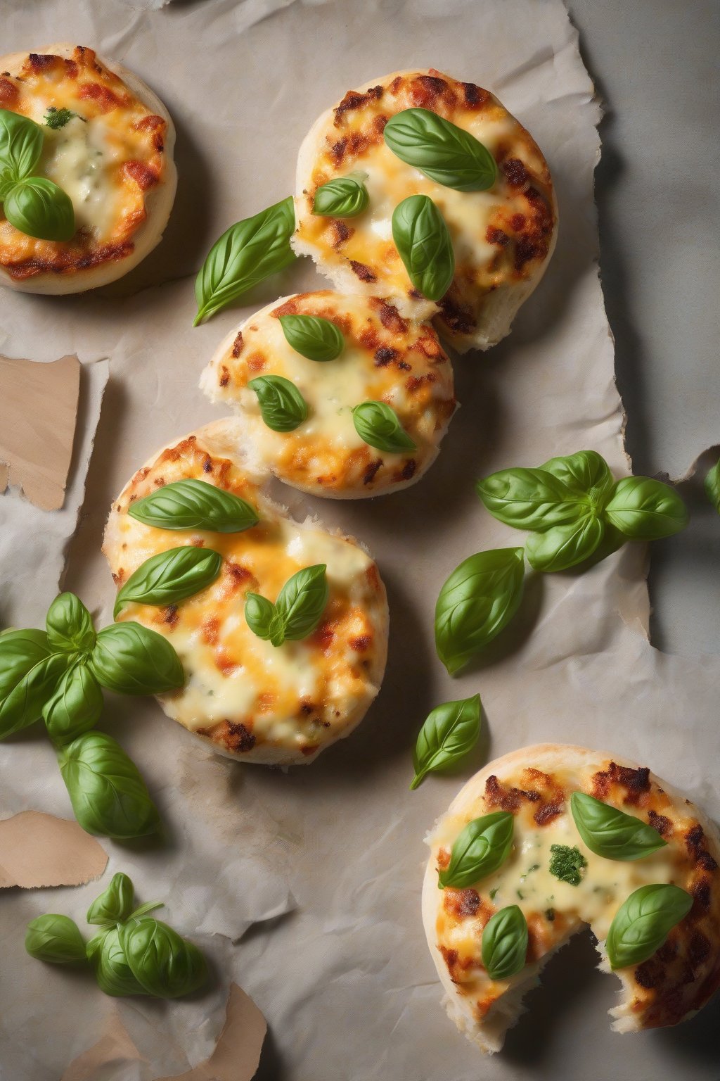 A high-resolution photo of a cheesy pizza-style craggy English muffin with basil under soft lighting.
