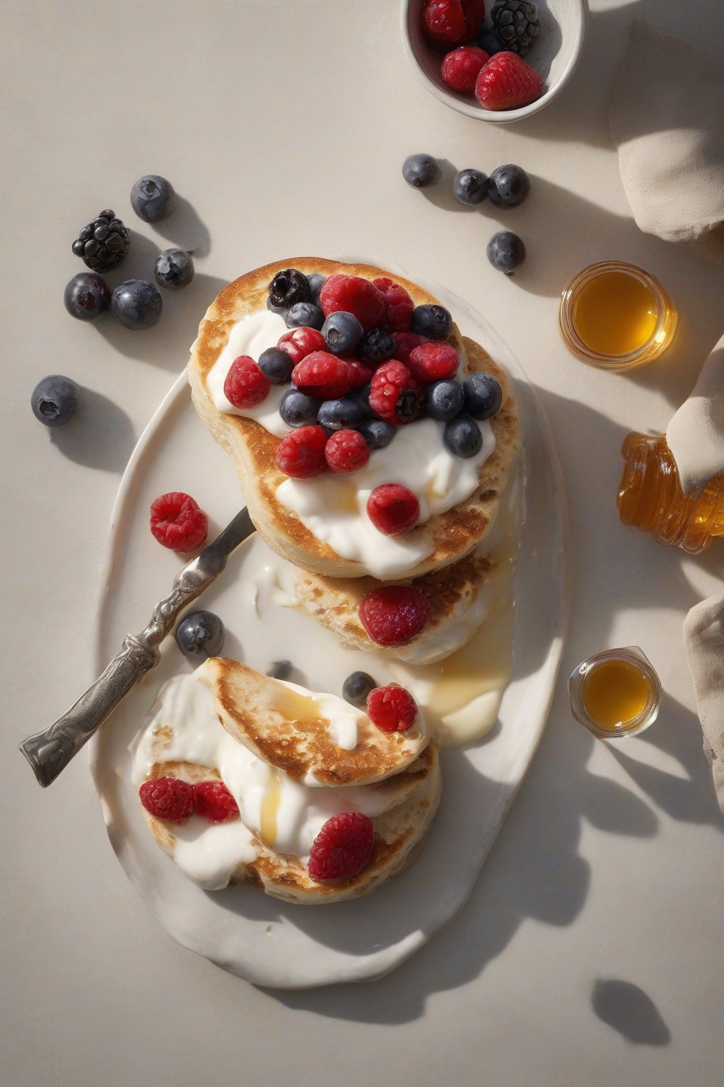 A high-resolution photo of Greek yogurt, honey, and berries on a craggy English muffin under soft lighting.