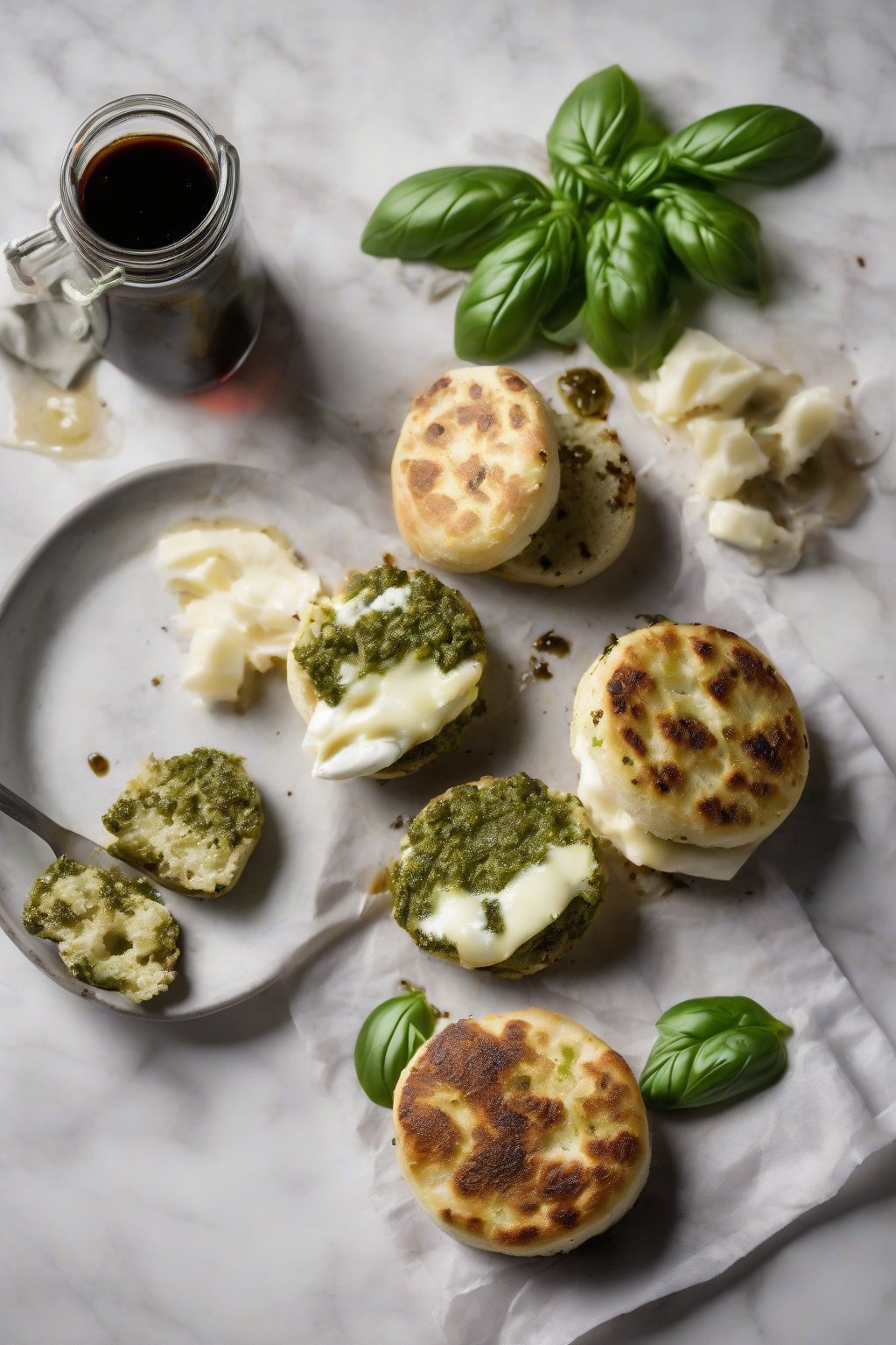 A high-resolution photo of pesto and mozzarella craggy English muffin with balsamic under soft lighting.
