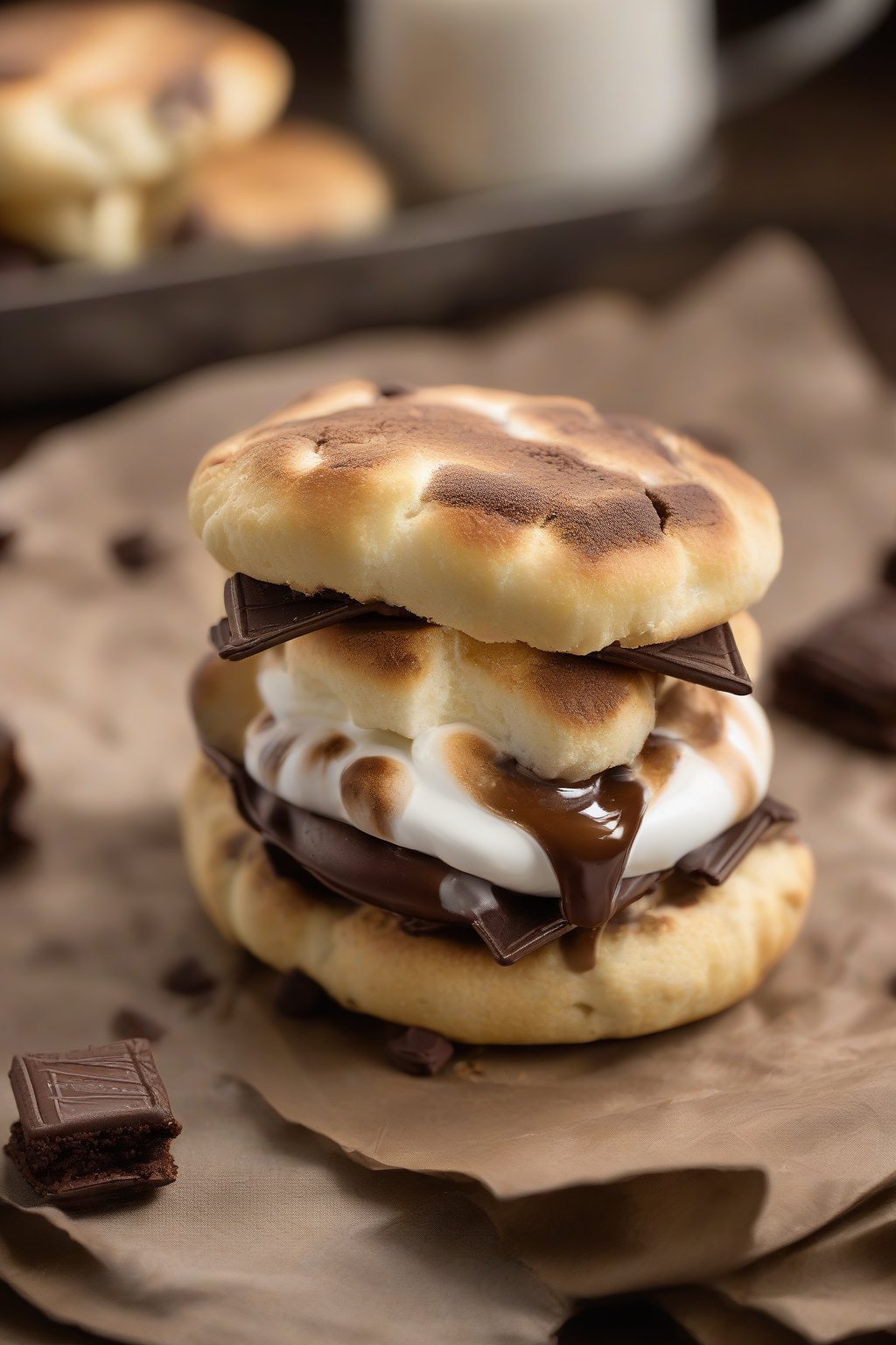 A high-resolution photo of gooey s'mores craggy English muffin under soft lighting.