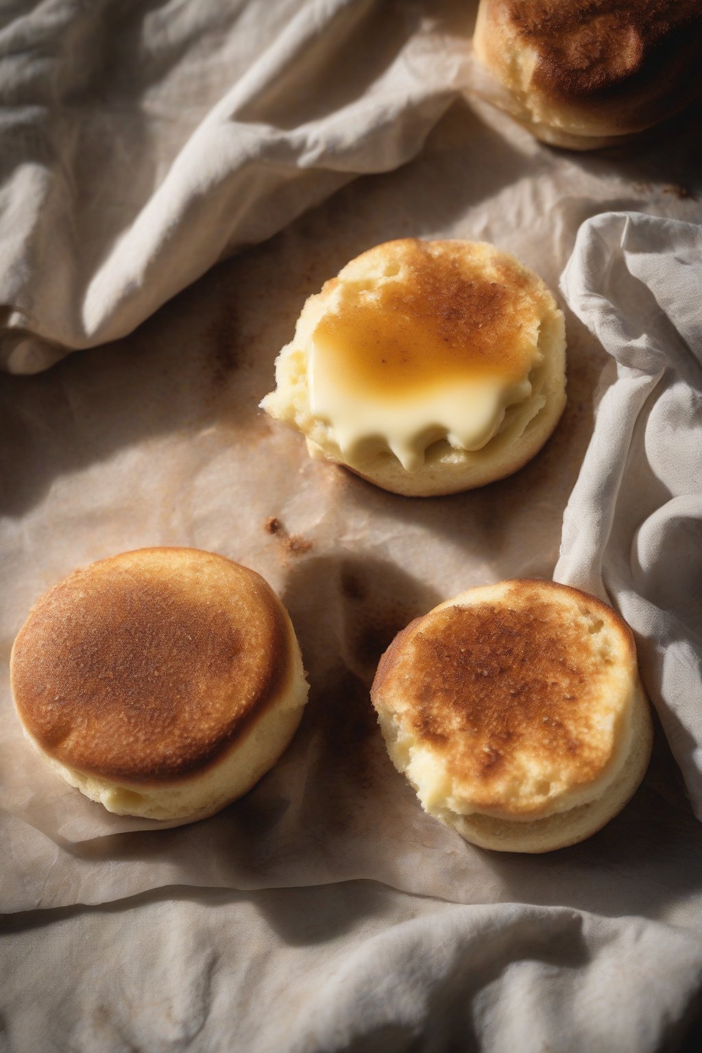 A high-resolution photo of cinnamon sugar butter on a craggy toasted English muffin under soft lighting.