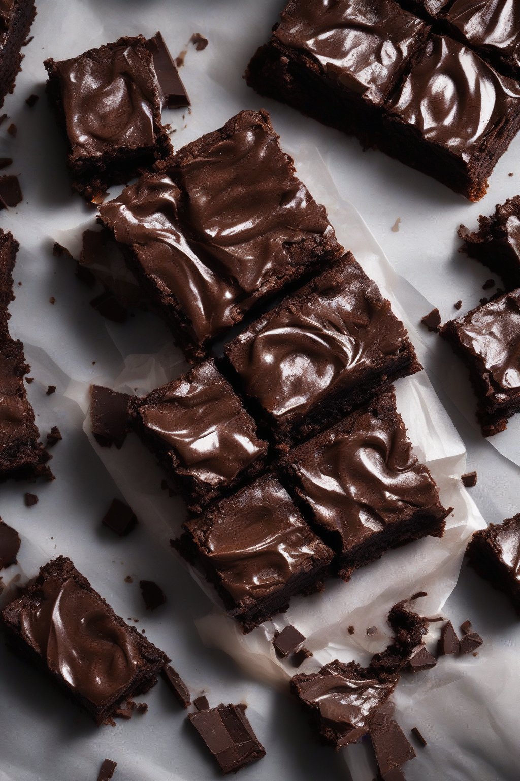 A high-resolution photo of Bourbon Fudge Bliss Brownies, fudgy squares with a glossy boozy sheen under soft lighting.