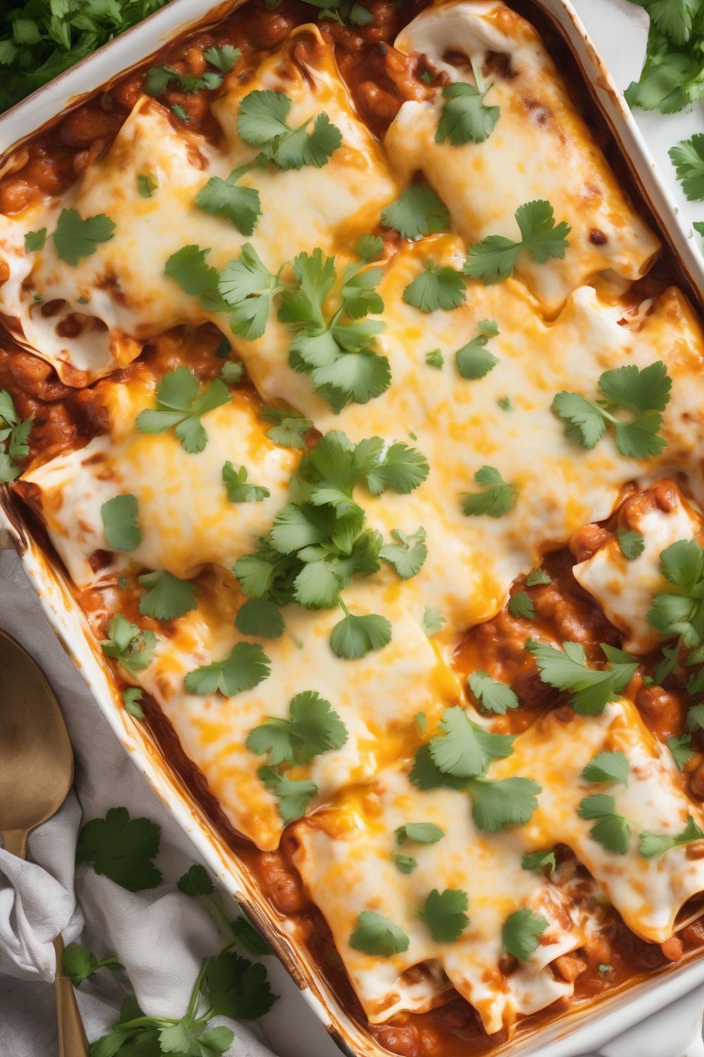 A high-resolution photo of classic cheesy chicken enchiladas bubbling in a casserole dish with melted cheese and fresh cilantro garnish under soft lighting.