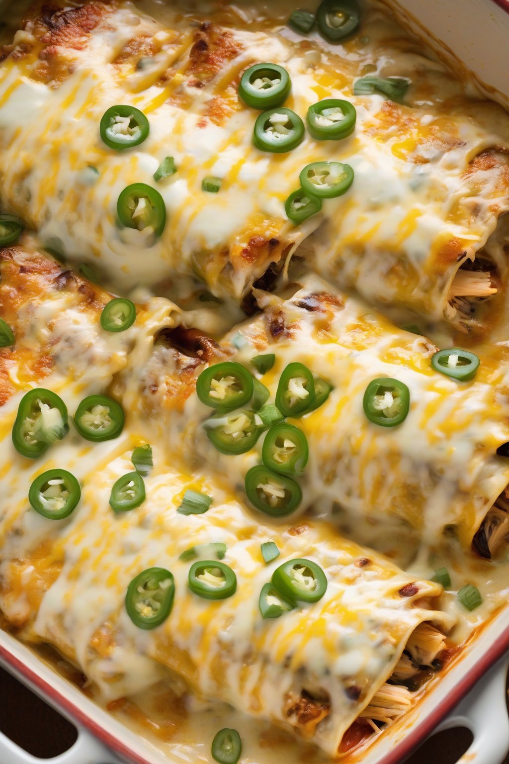 A high-resolution photo of green chile cheesy chicken enchiladas topped with bubbling pepper jack cheese and sliced jalapeños under soft lighting.