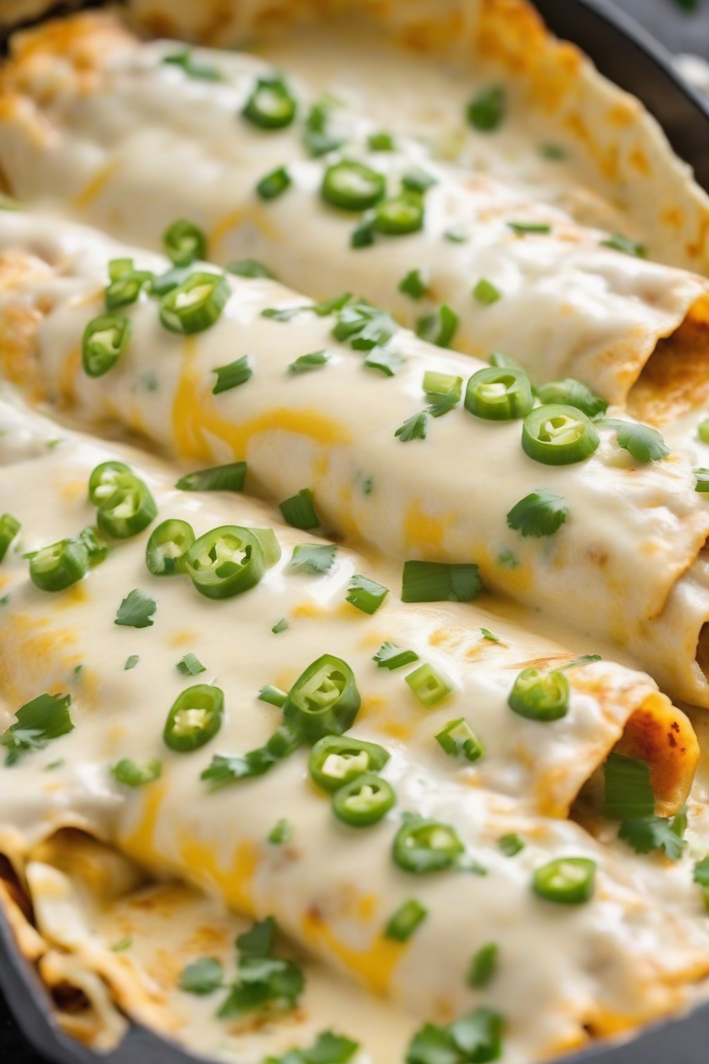 A high-resolution photo of creamy white cheesy chicken enchiladas with golden cheese crust and green onion flecks under soft lighting.