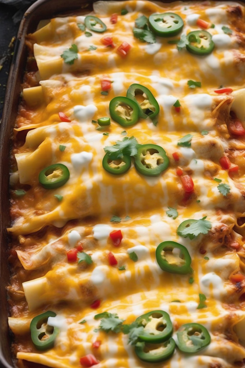 A high-resolution photo of spicy jalapeño cheesy chicken enchiladas oozing cheese with fresh pepper slices under soft lighting.