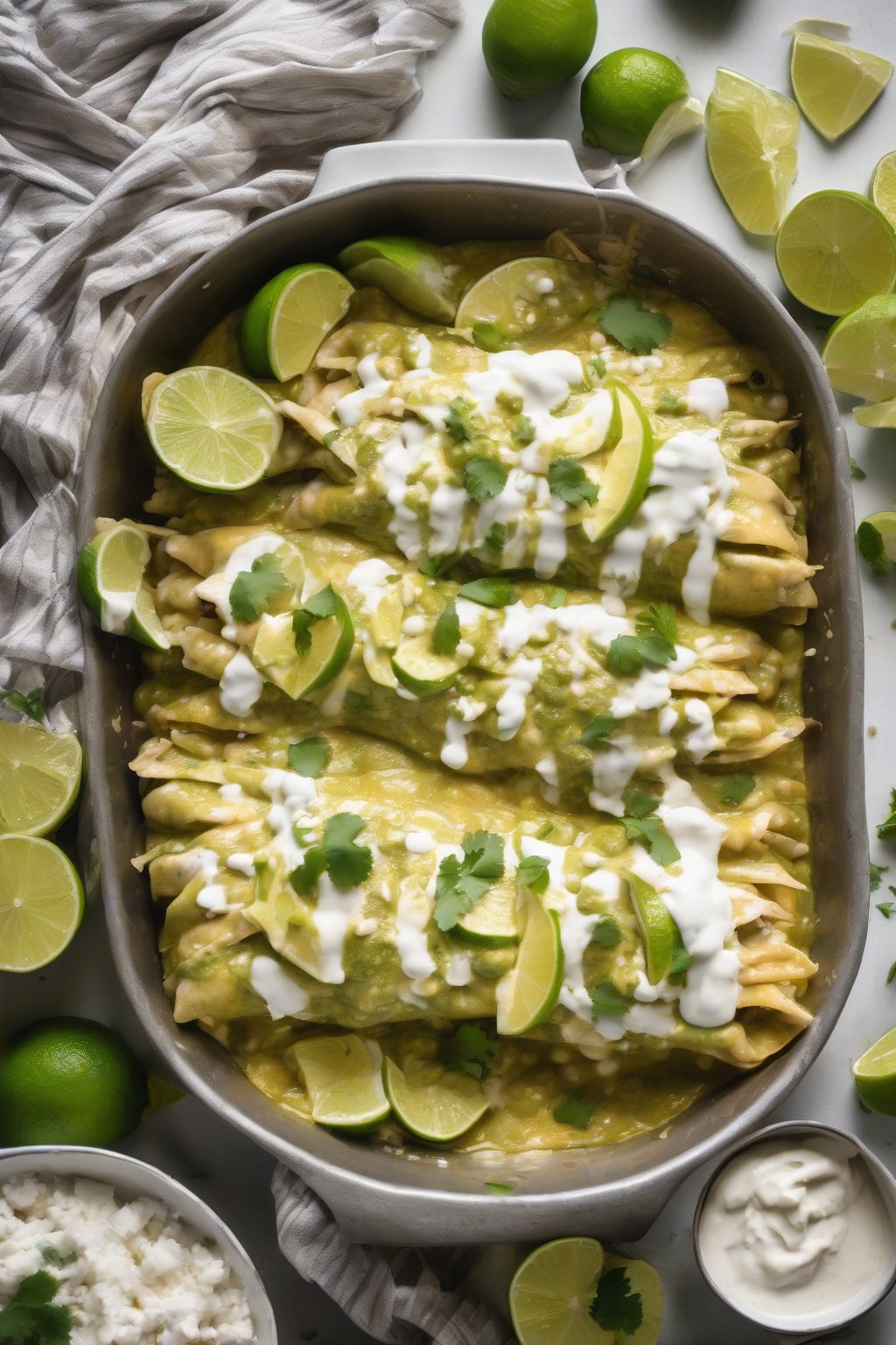 A high-resolution photo of enchiladas verdes cheesy chicken with crumbled queso fresco and lime wedges under soft lighting.