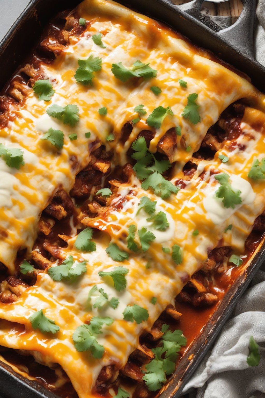 A high-resolution photo of BBQ cheesy chicken enchiladas with caramelized edges and smoky cheese pull under soft lighting.