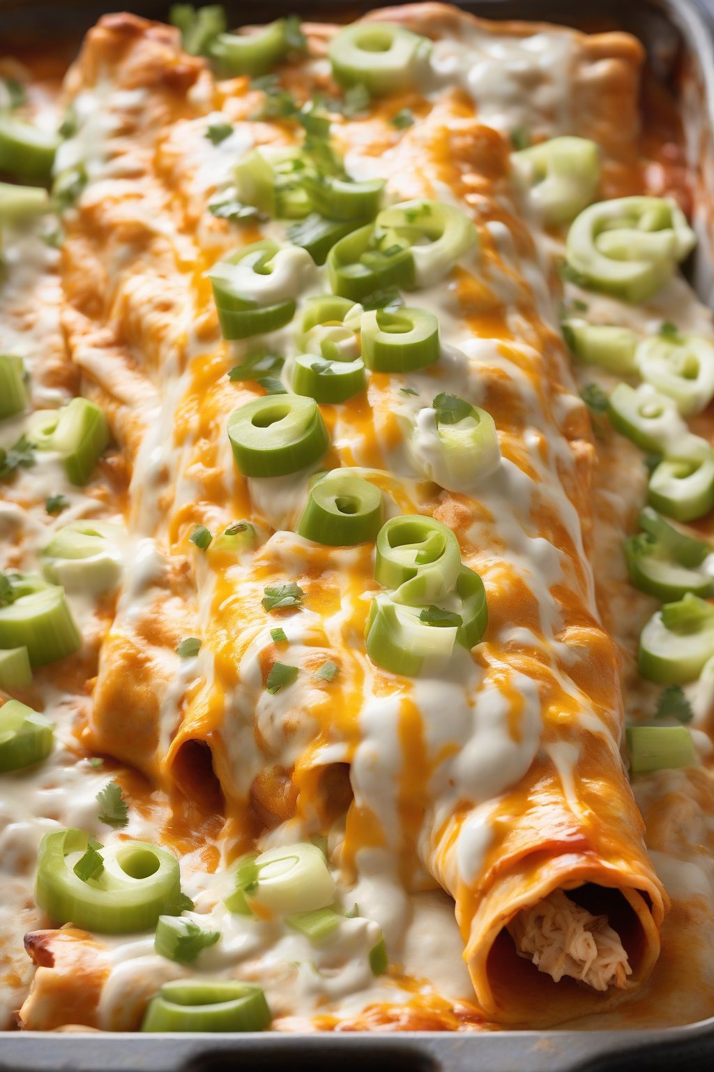 A high-resolution photo of buffalo cheesy chicken enchiladas with ranch swirls and celery sticks under soft lighting.