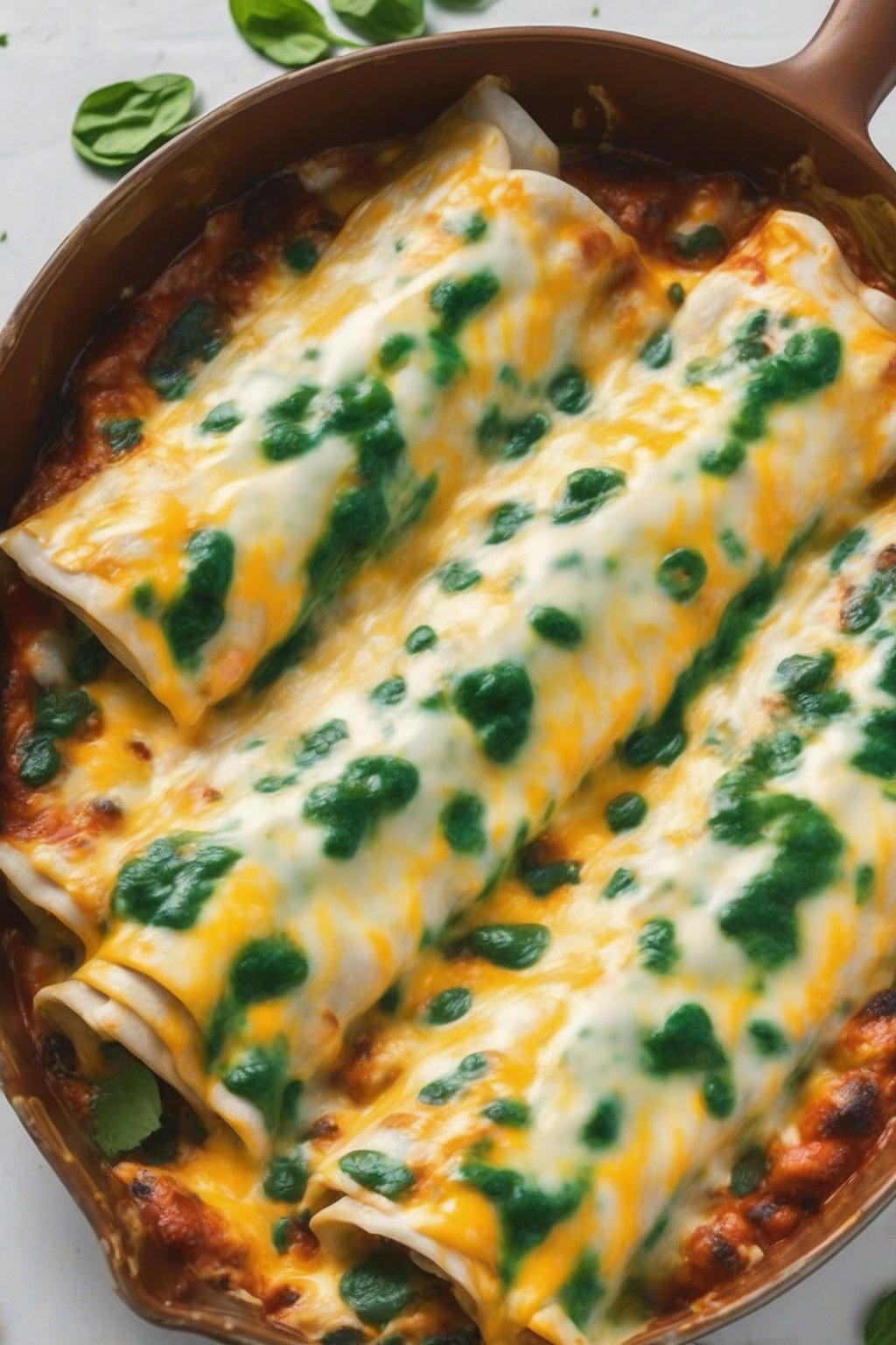 A high-resolution photo of spinach cheesy chicken enchiladas with vibrant green flecks in melted cheese under soft lighting.