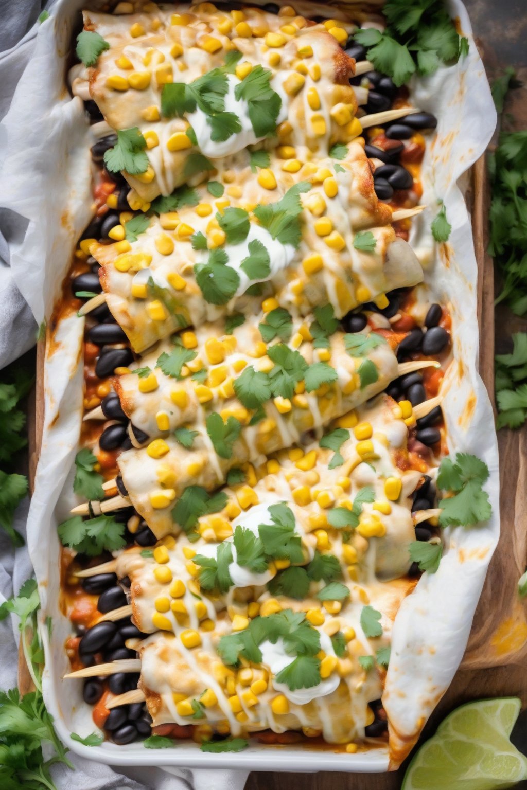 A high-resolution photo of black bean cheesy chicken enchiladas garnished with corn kernels and cilantro under soft lighting.