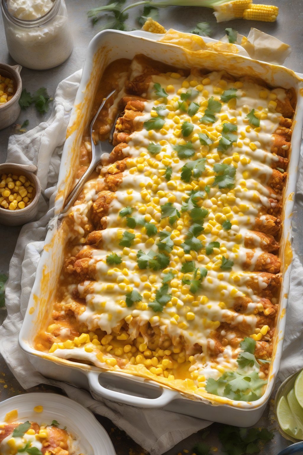 A high-resolution photo of sweet corn cheesy chicken enchiladas with golden corn pops amid cheese under soft lighting.