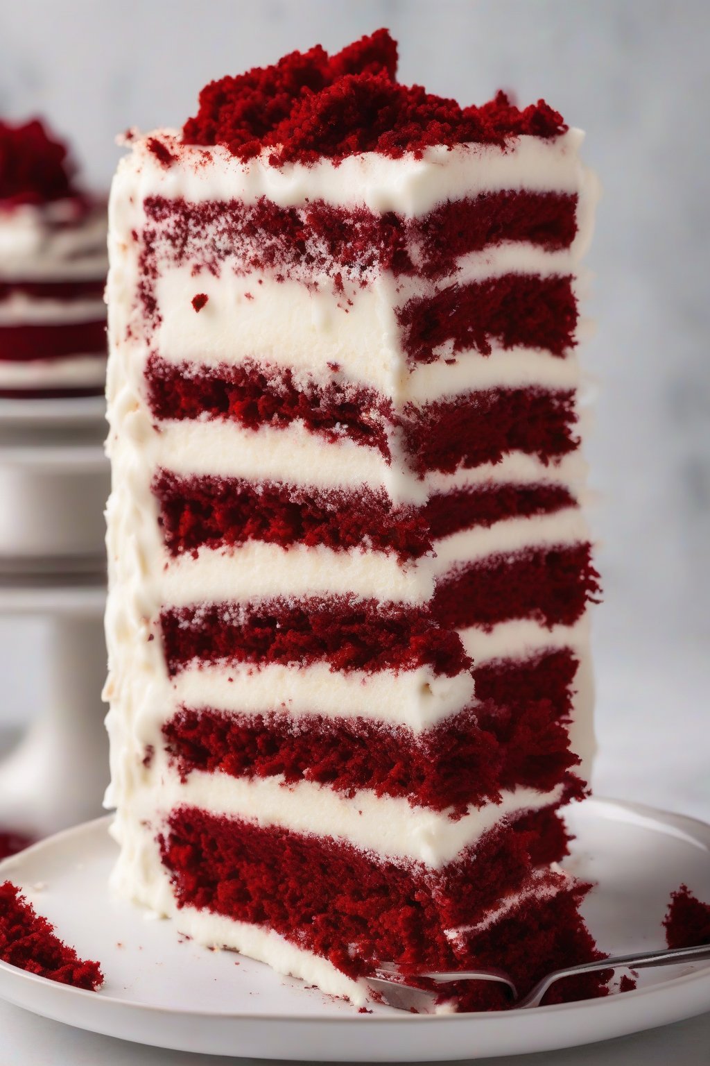 A high-resolution close-up photo of layered red velvet cake with white frosting, cut edge showing red crumb, under soft lighting.