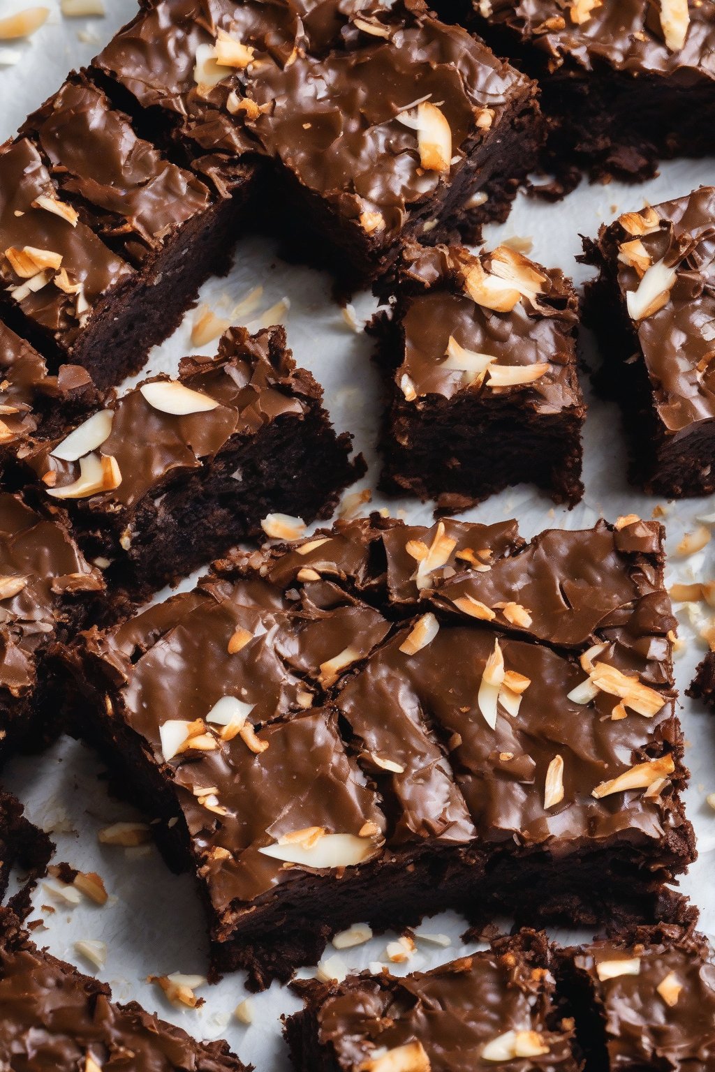 A high-resolution photo of Coconut Fudge Paradise Brownies, toasted coconut flakes crowning moist fudgy centers under soft lighting.