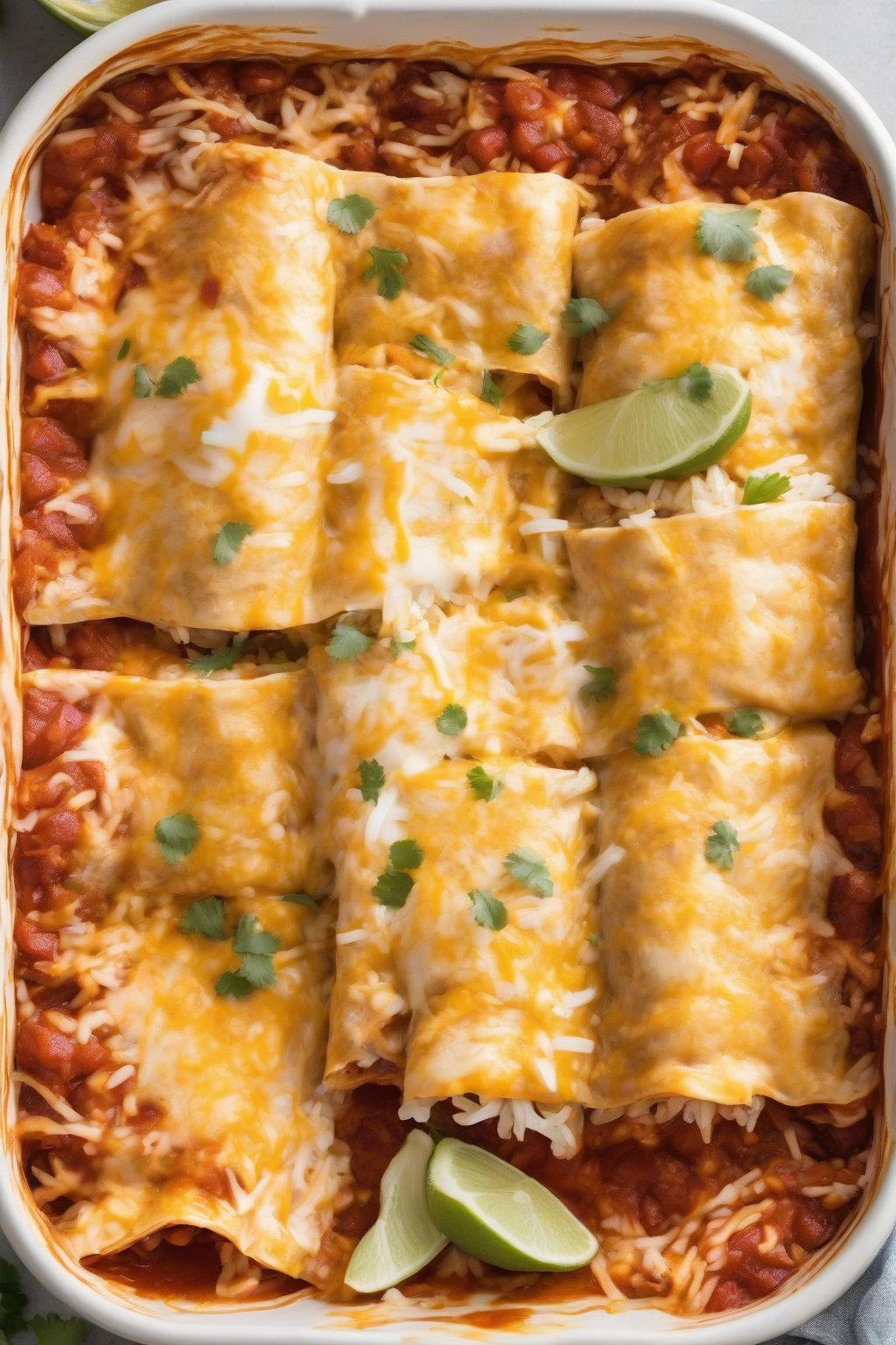 A high-resolution photo of rice-stuffed cheesy chicken enchiladas sliced open to show fluffy rice filling under soft lighting.