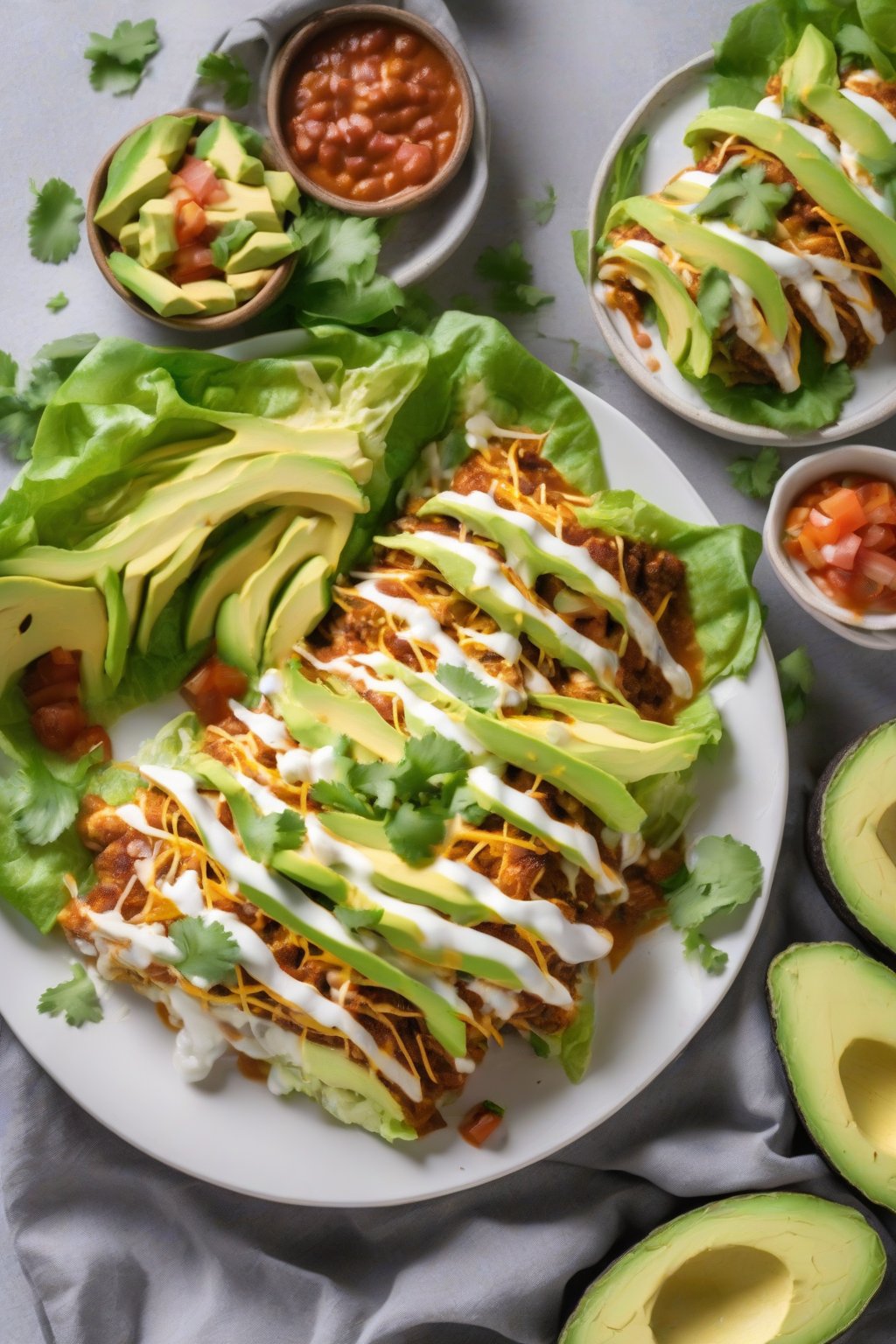 A high-resolution photo of low-carb cheesy chicken enchiladas in lettuce wraps with avocado slices under soft lighting.