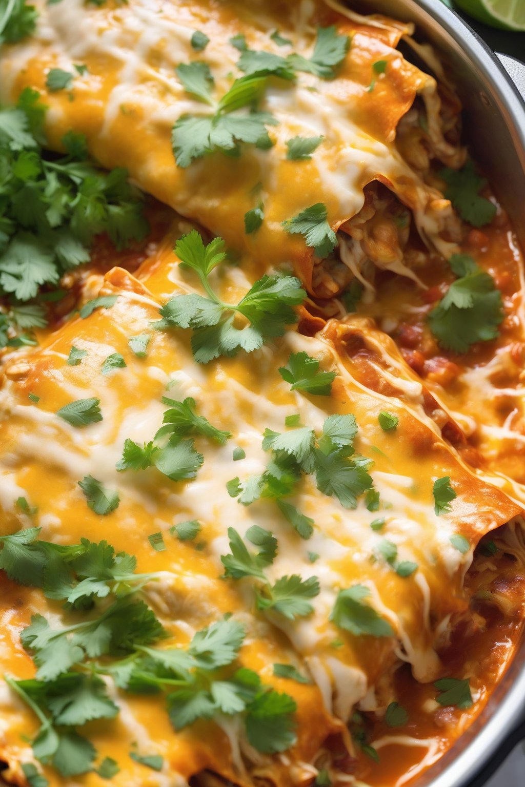 A high-resolution photo of Instant Pot cheesy chicken enchiladas steaming with fresh herbs under soft lighting.
