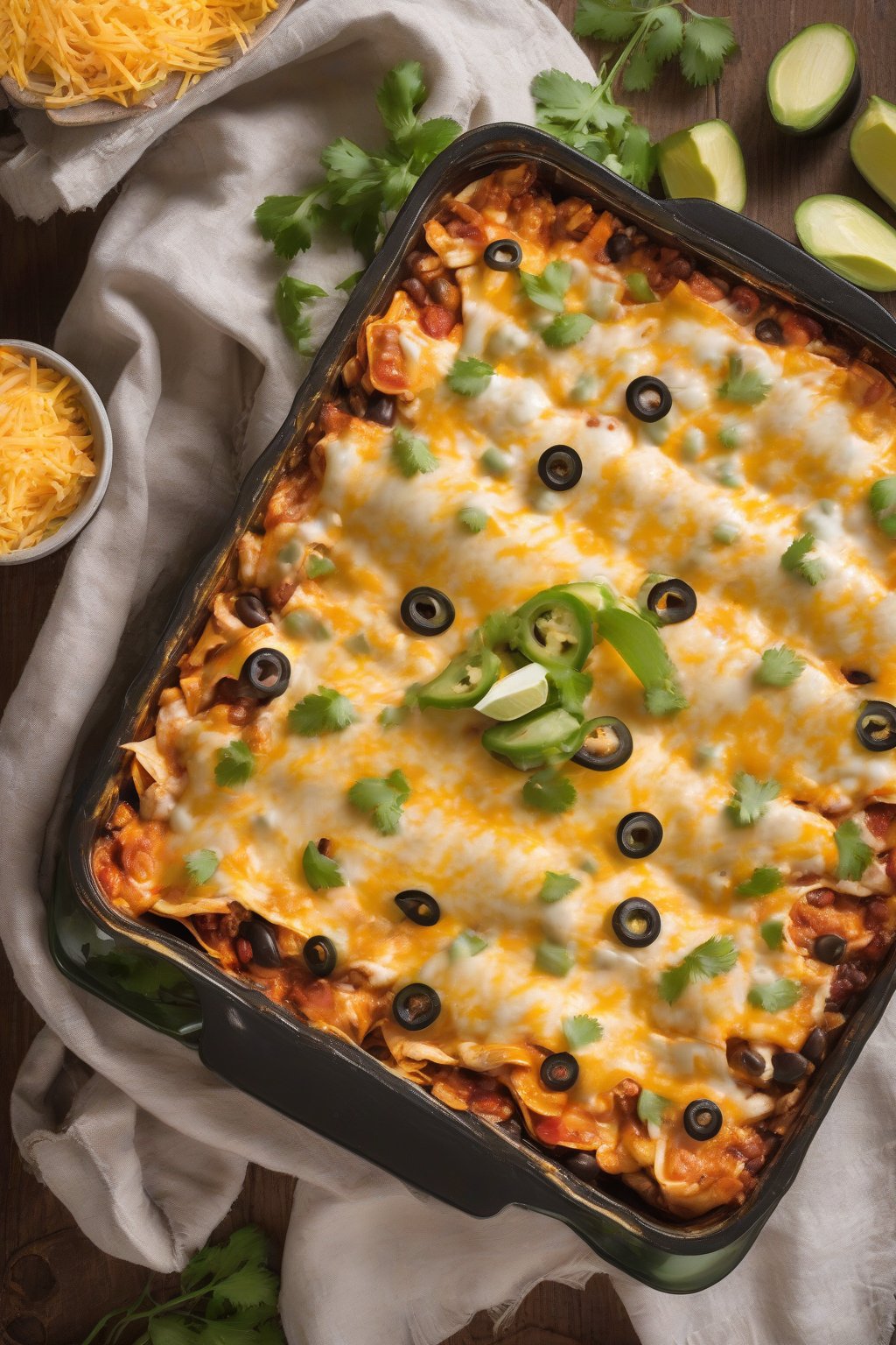 A high-resolution photo of cheesy chicken enchilada casserole with layered tortillas and olive toppings under soft lighting.