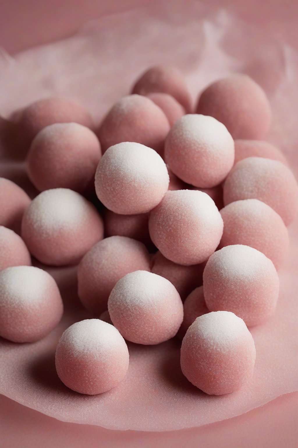 A high-resolution photo of classic red bean daifuku mochi balls dusted with cornstarch, revealing a peek of red filling, under soft lighting.