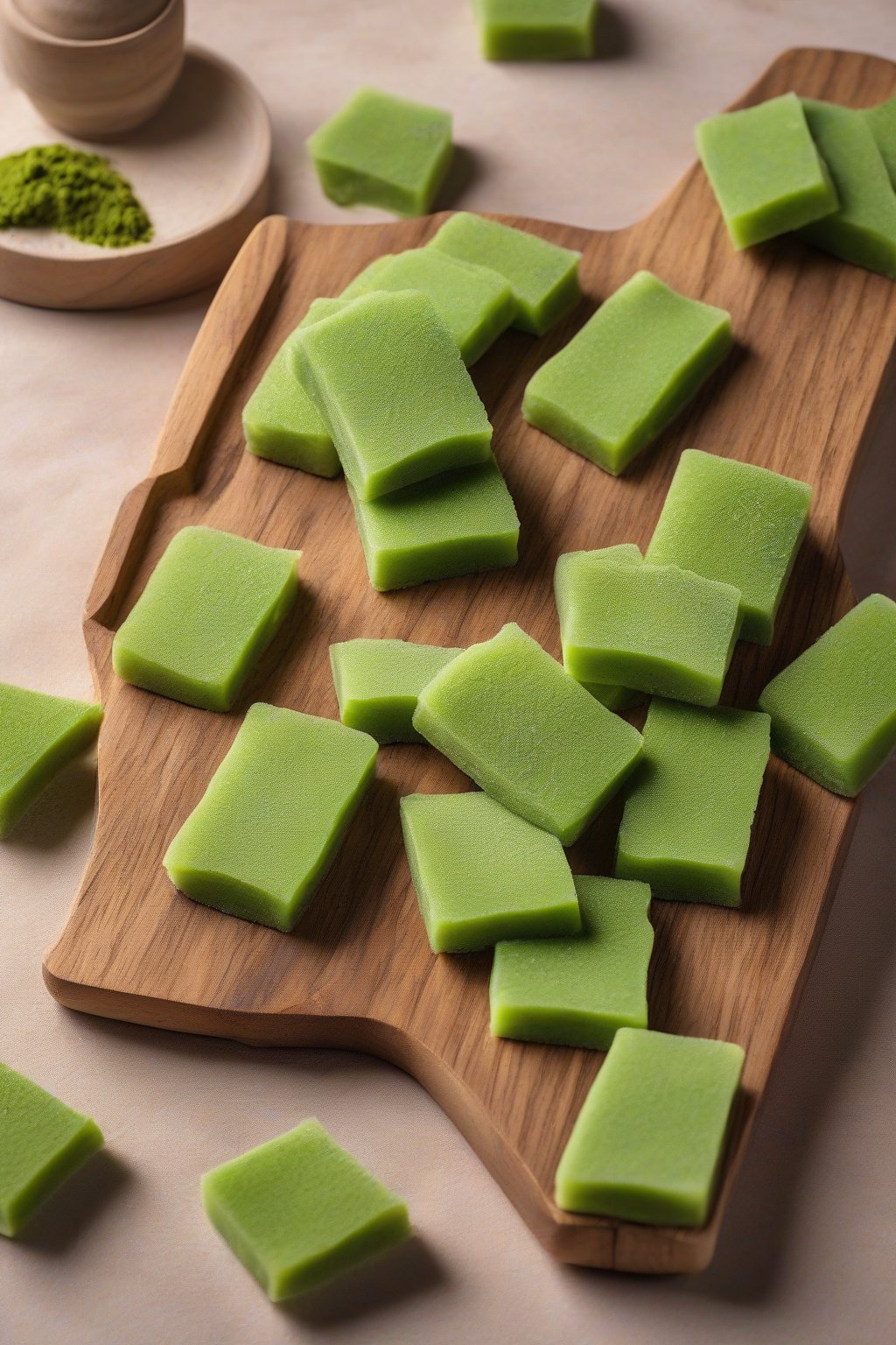 A high-resolution photo of vibrant green matcha mochi slices on a wooden board, powdered with extra matcha, under soft lighting.