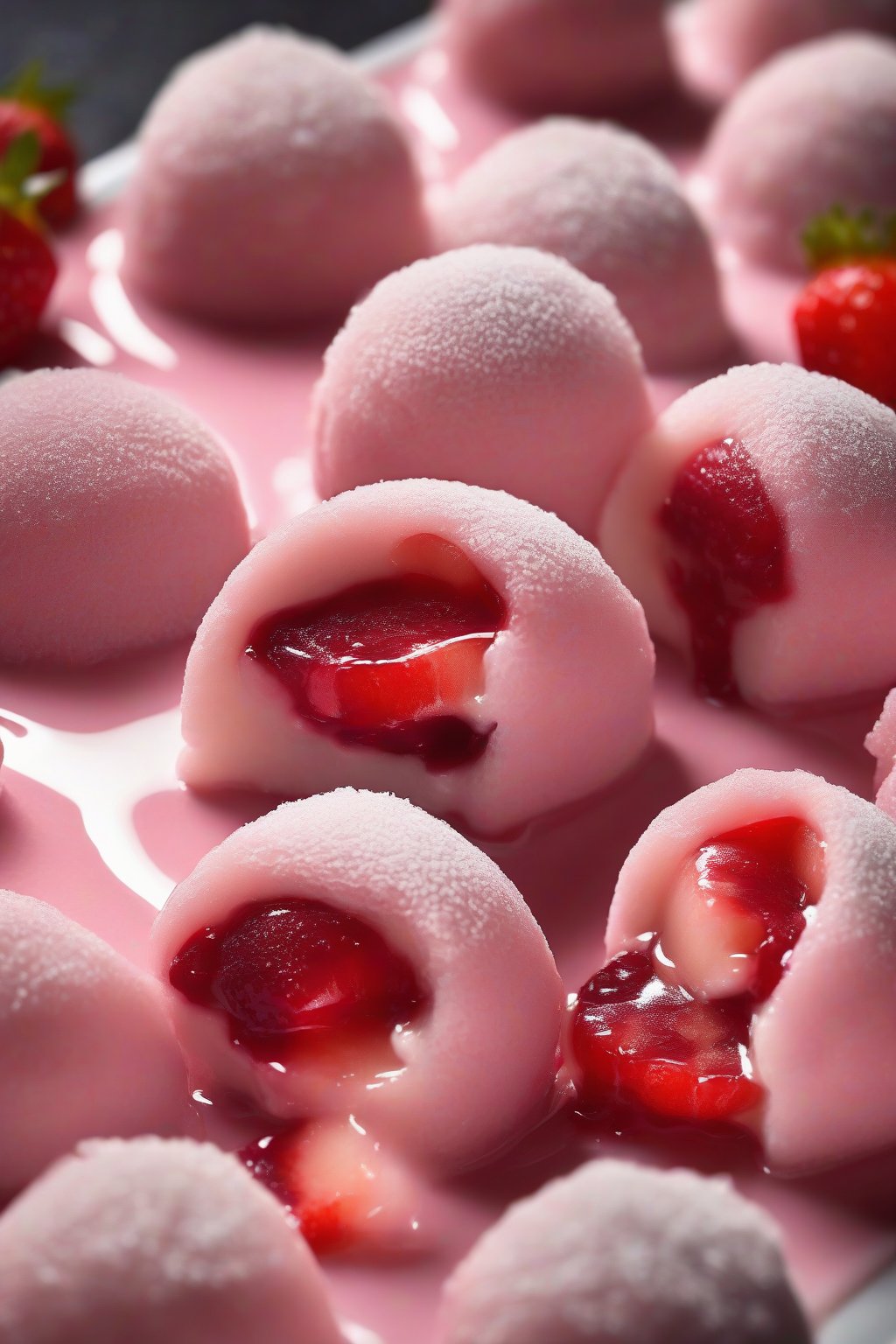 A high-resolution photo of pink strawberry-filled mochi balls with a halved berry peeking out, drizzled with condensed milk, under soft lighting.