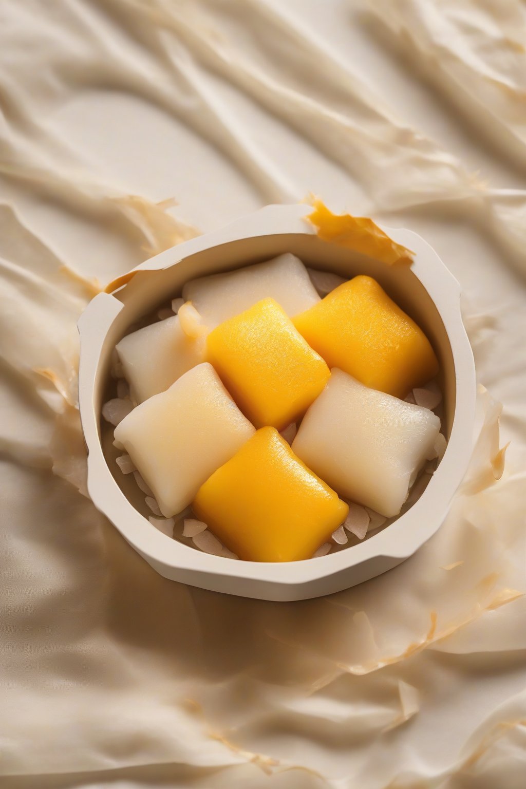 A high-resolution photo of golden mango sticky rice mochi cut open to show fruity filling, garnished with coconut flakes, under soft lighting.