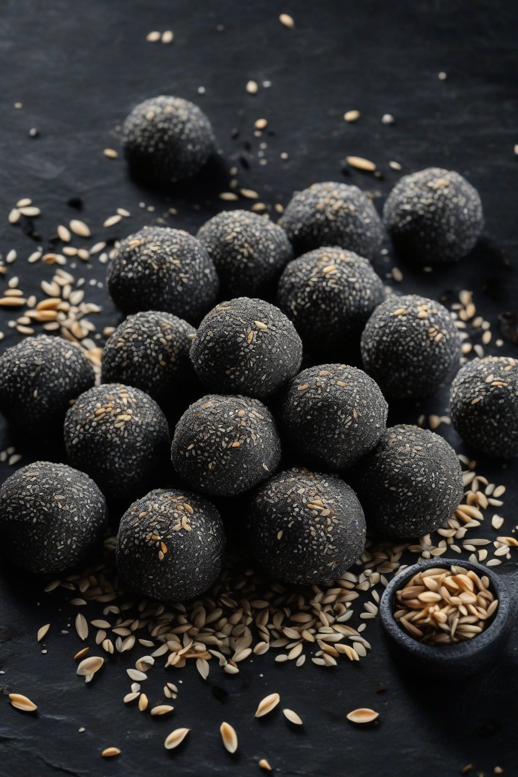 A high-resolution photo of dark black sesame mochi balls scattered with whole seeds, on a black slate, under soft lighting.