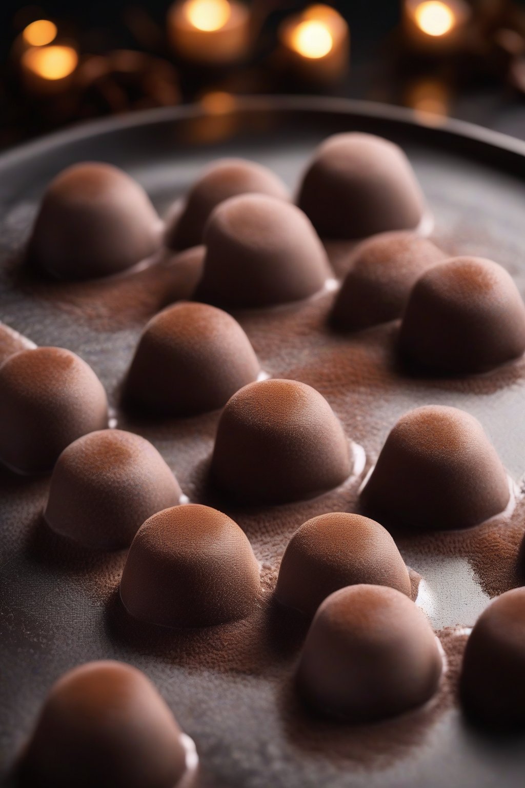 A high-resolution photo of chocolate ganache-filled mochi with a glossy drip, dusted with cocoa powder, under soft lighting.