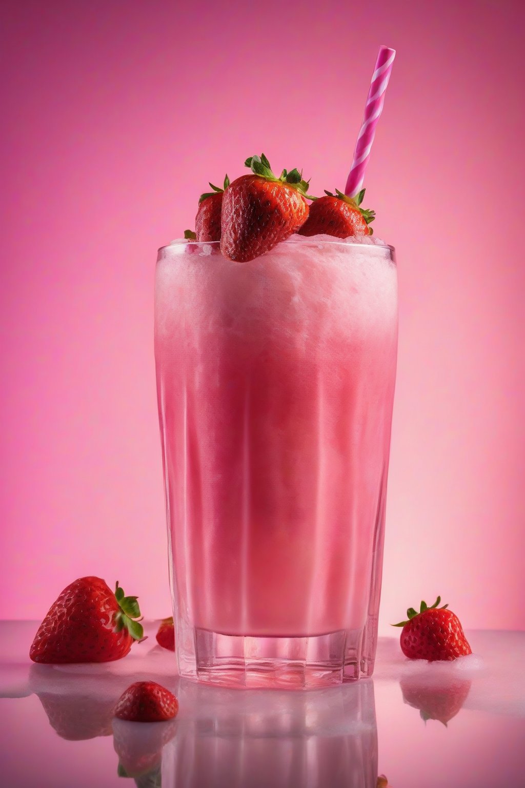 A high-resolution photo of the Classic Homemade Pink Drink in a tall clear glass filled with ice, topped with freeze-dried strawberries, pink and creamy under soft lighting.