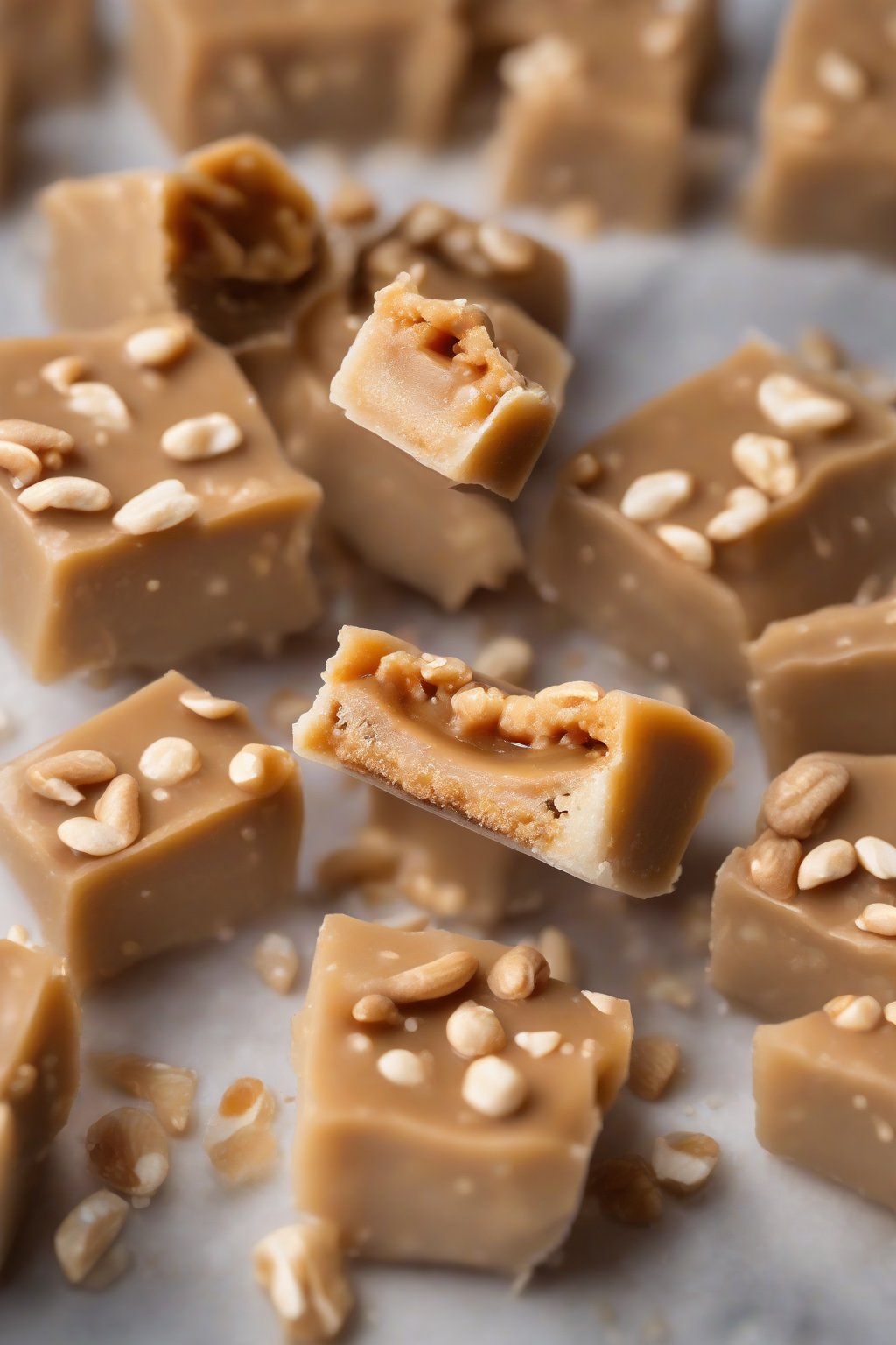 A high-resolution photo of peanut butter mochi bites with a halved view showing creamy center, sprinkled with crushed peanuts, under soft lighting.