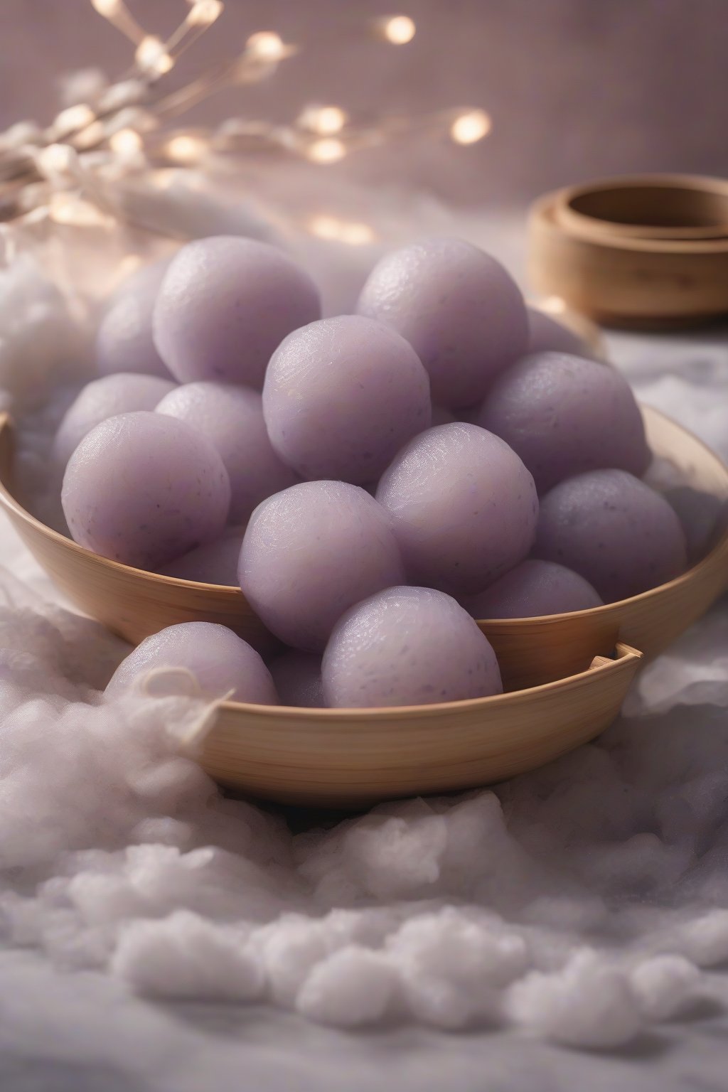 A high-resolution photo of lavender-hued taro mochi balls in a bamboo steamer, with steam wisps, under soft lighting.
