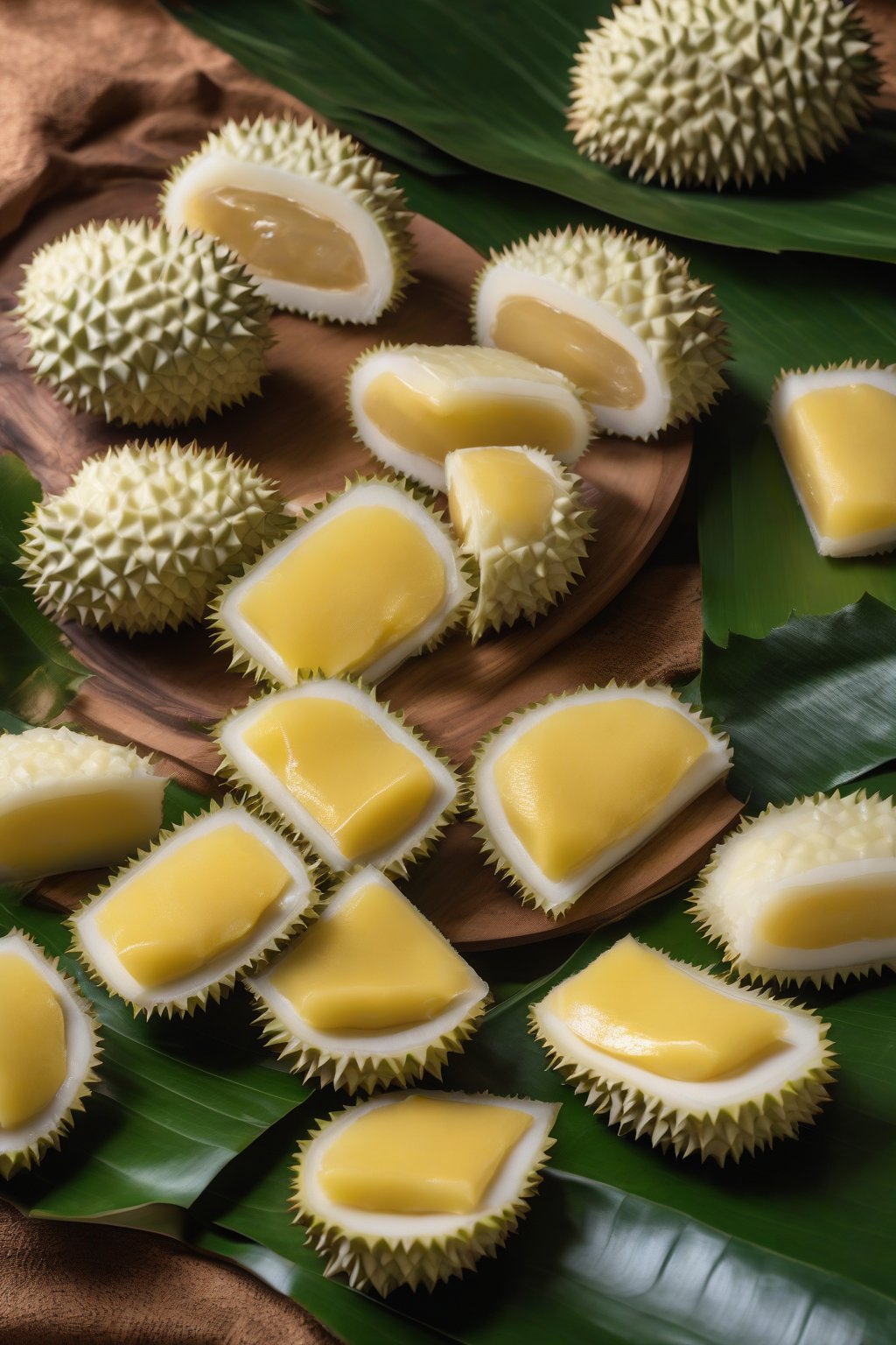 A high-resolution photo of custardy durian mochi sliced open, exuding creamy yellow filling, on tropical leaves, under soft lighting.
