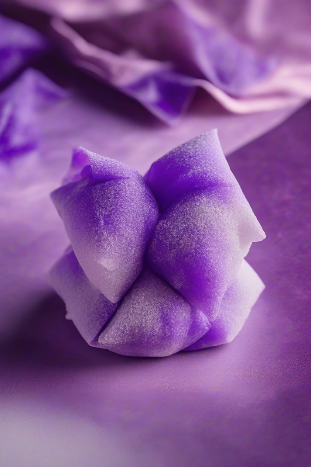 A high-resolution photo of electric purple ube mochi folded like origami, powdered with sugar, under soft lighting.
