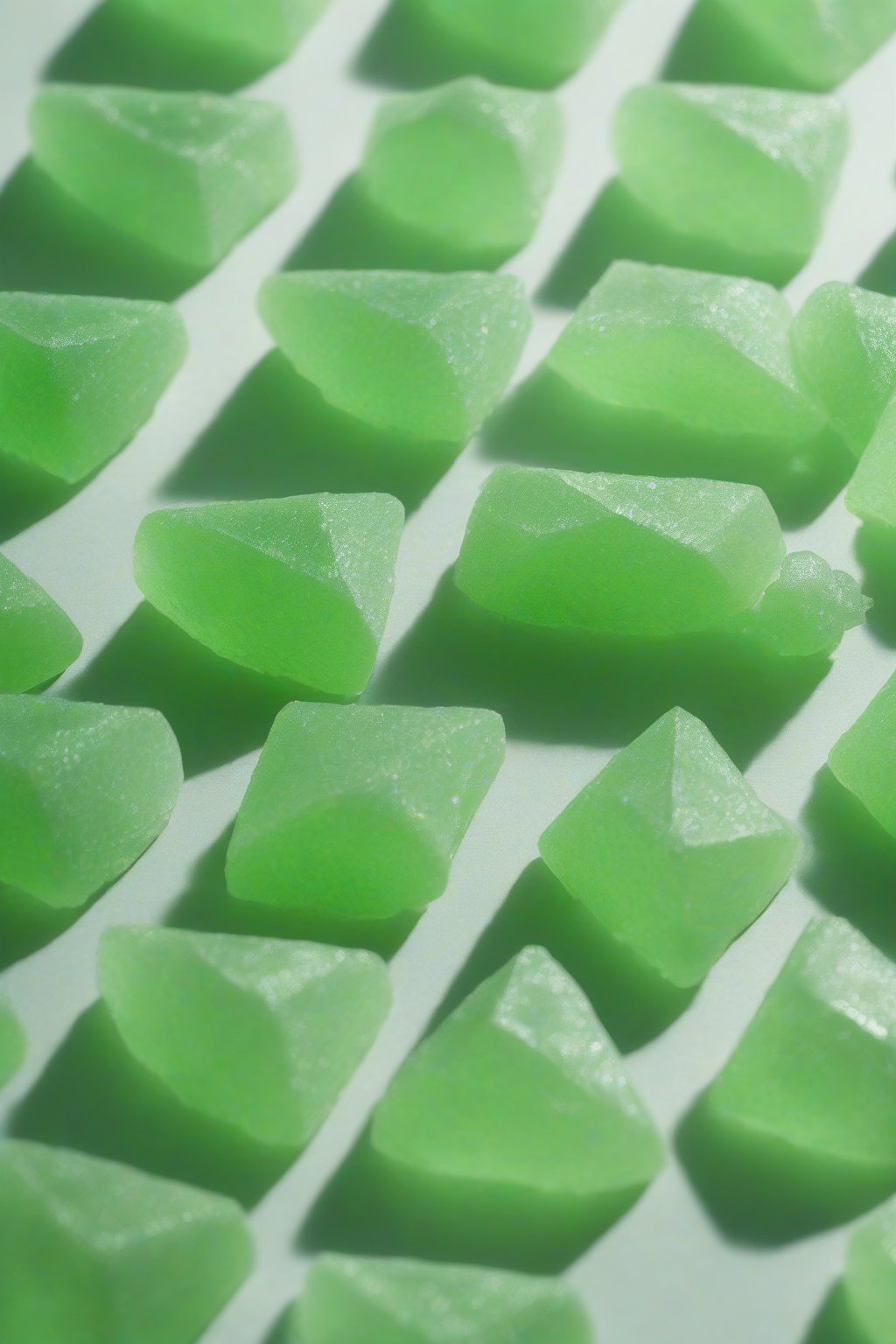 A high-resolution photo of pandan mochi diamonds stacked, with green flecks visible, beside fresh leaves, under soft lighting.