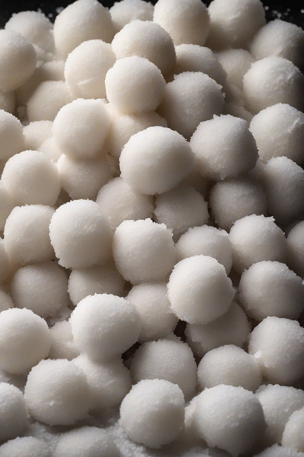 A high-resolution photo of coconut-covered mochi snowballs piled high, with one broken to show interior, under soft lighting.