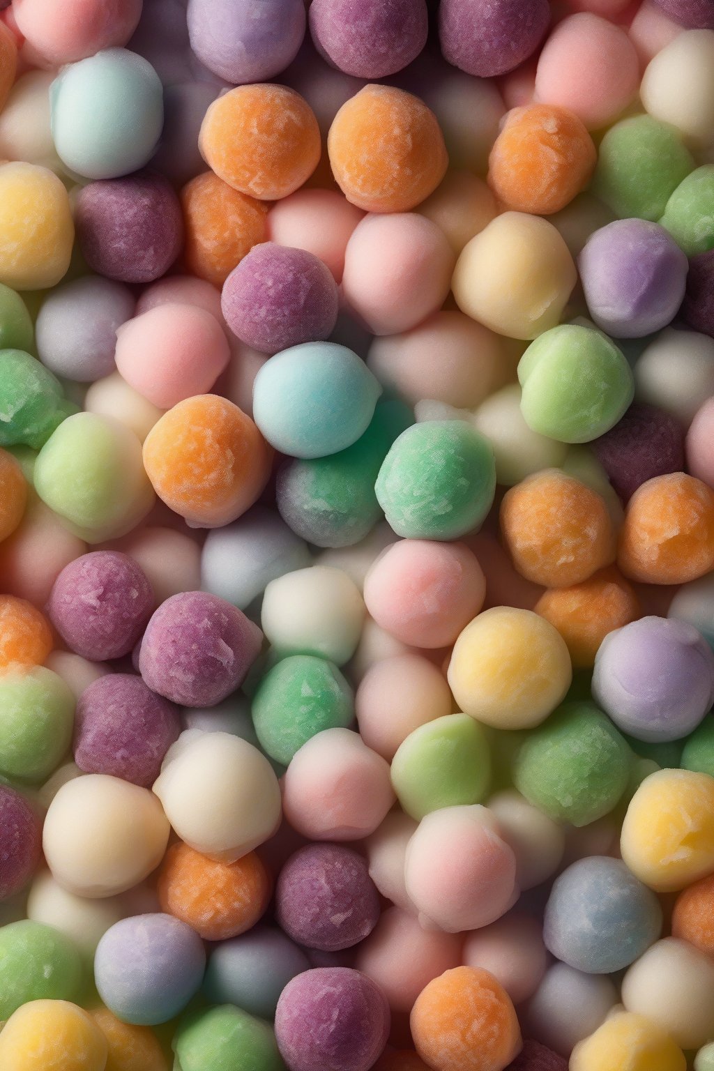 A high-resolution photo of mochi ice cream balls in assorted flavors, melting slightly at edges, under soft lighting.