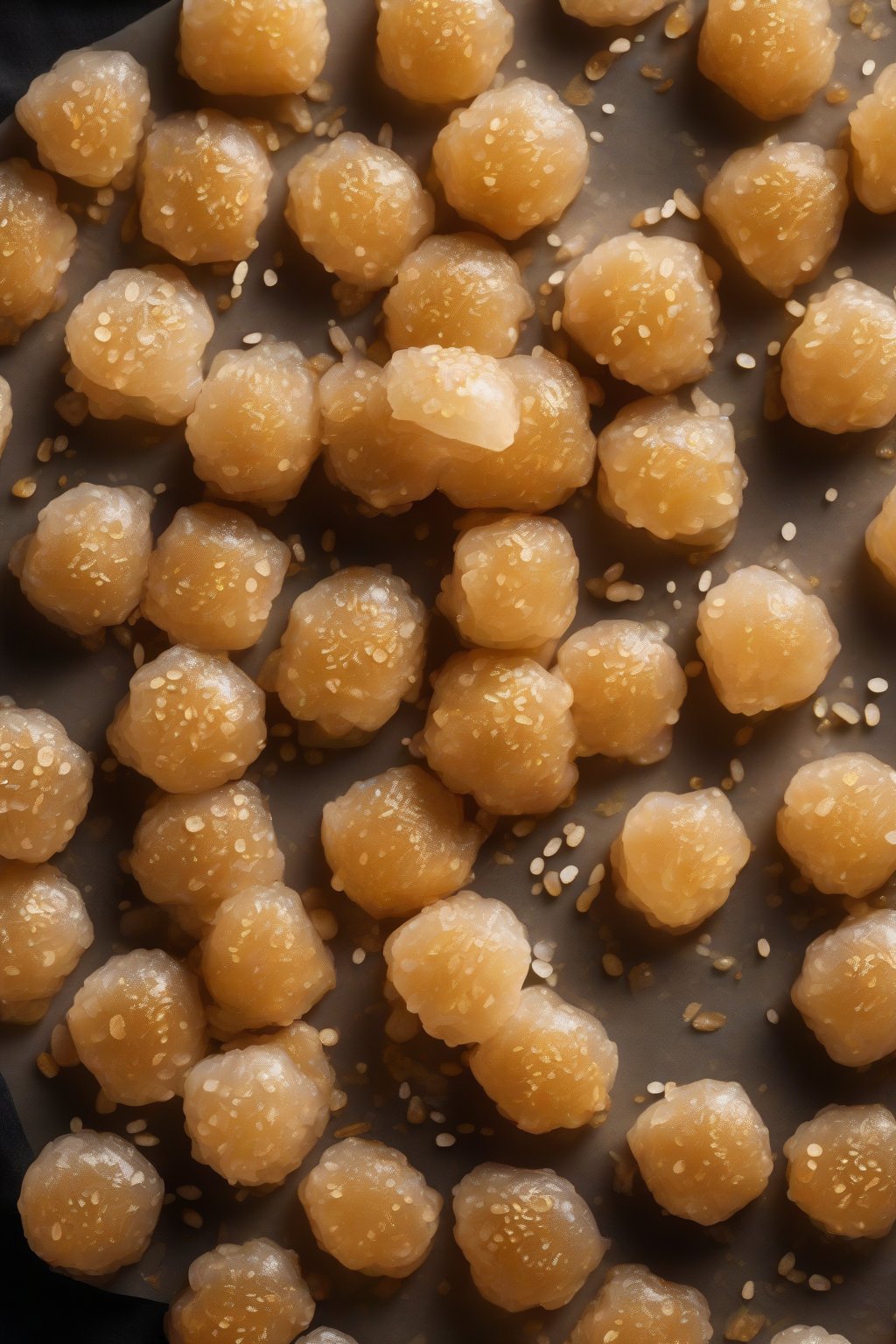 A high-resolution photo of golden honey sesame mochi drops clustered, glistening with drizzle, under soft lighting.