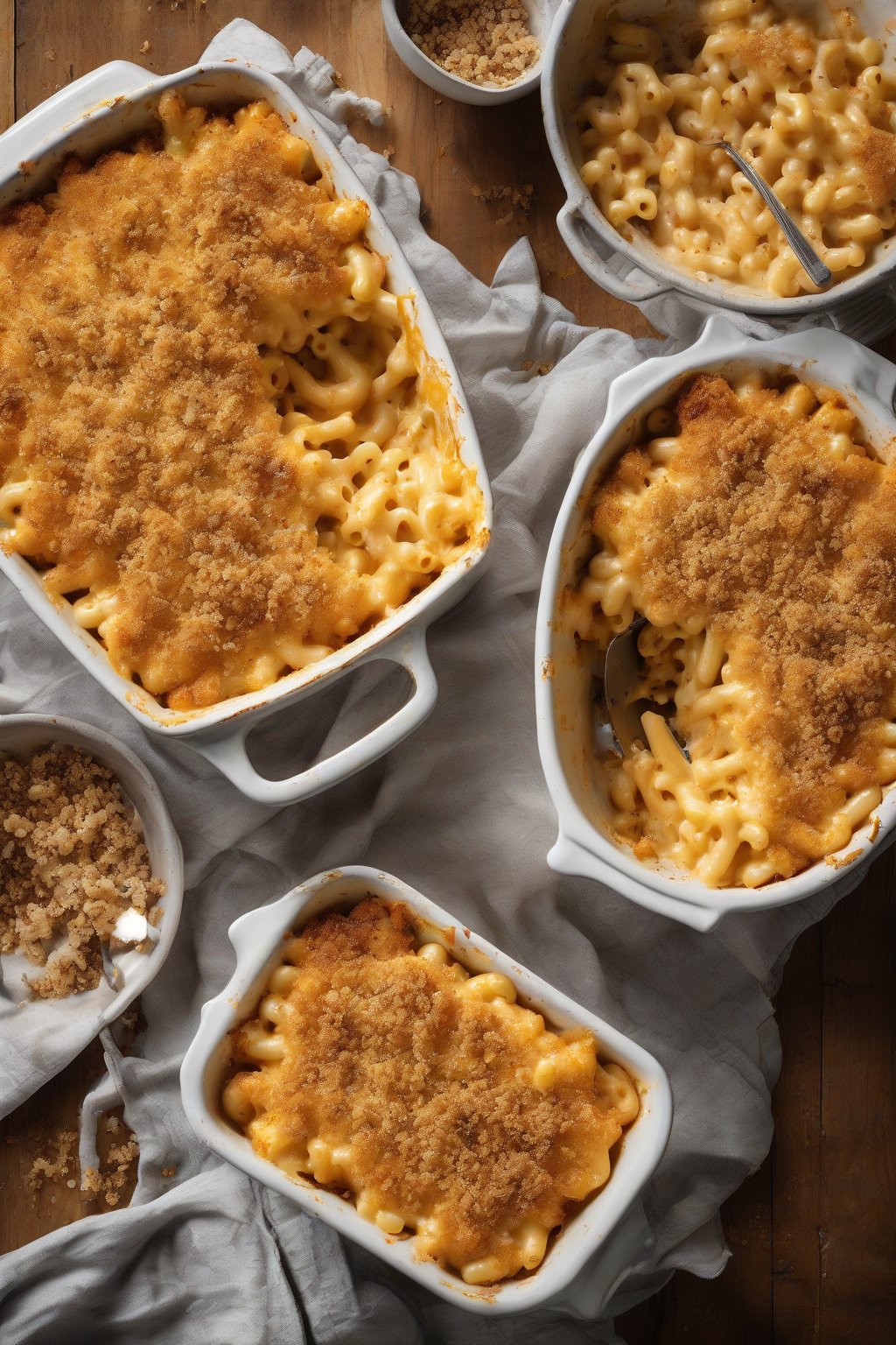 A high-resolution photo of golden baked mac and cheese with crispy breadcrumb topping under soft lighting.