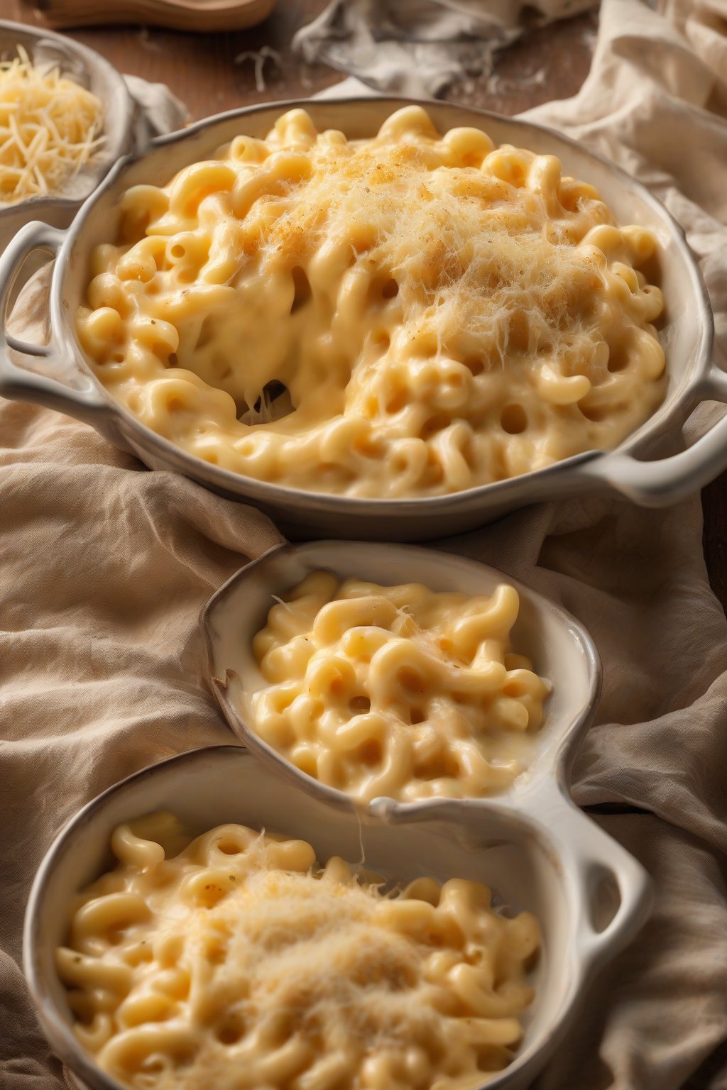 A high-resolution photo of creamy stovetop mac and cheese with melted cheese strands under soft lighting.
