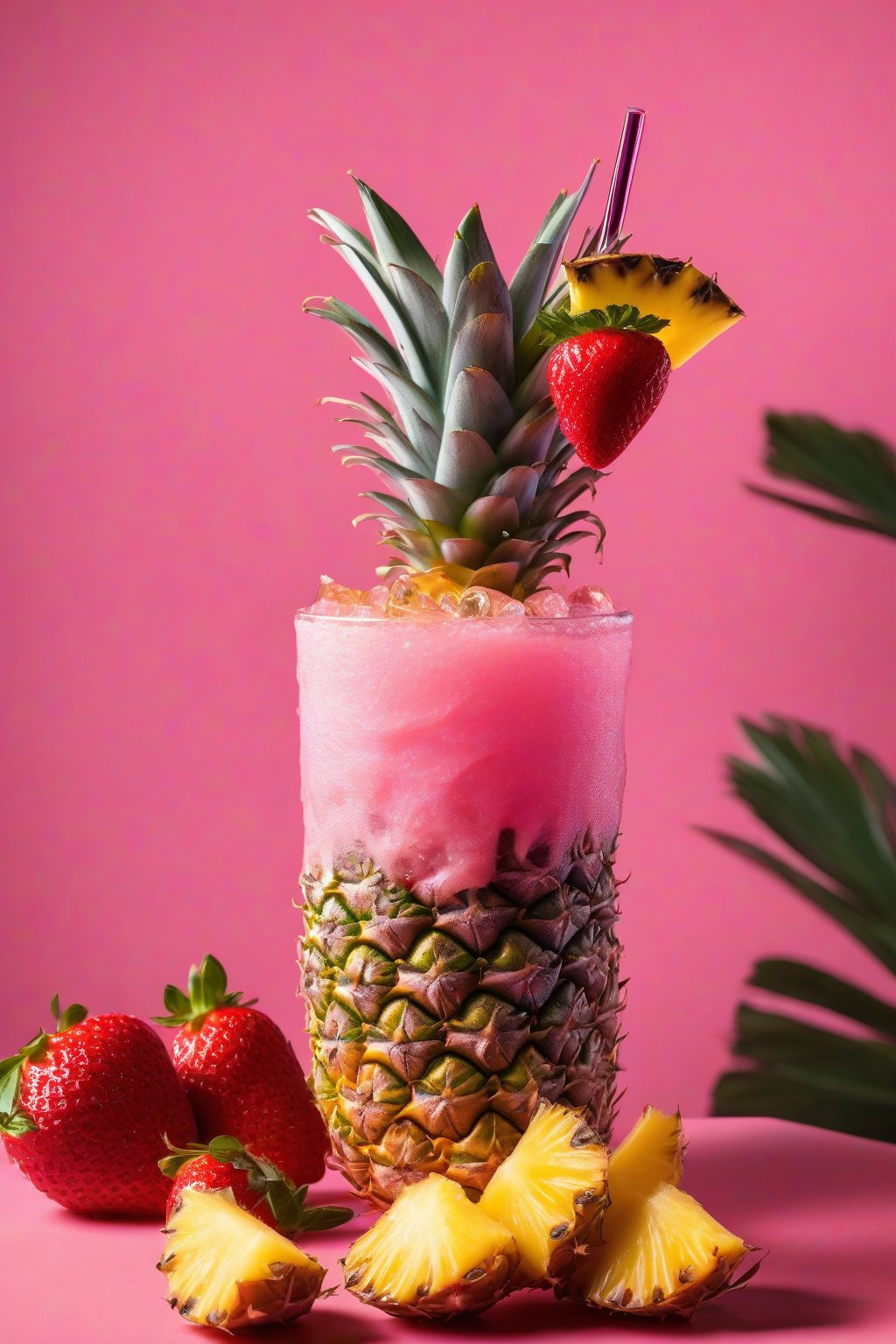 A high-resolution photo of the Tropical Pineapple Pink Drink garnished with dried pineapple chunks and strawberries, vibrant pink with golden flecks under soft lighting.